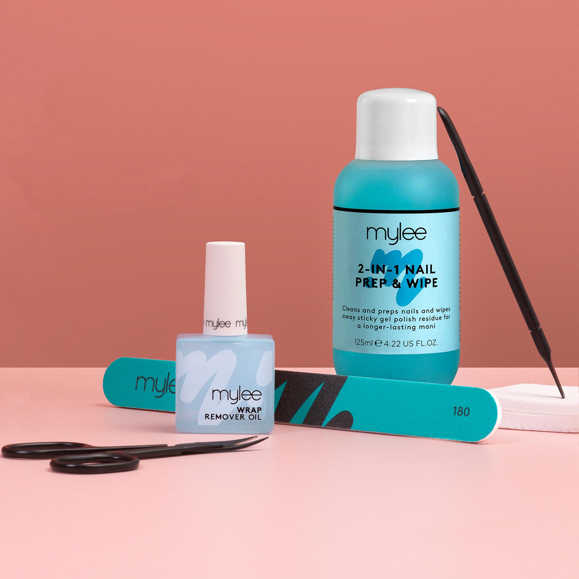 Mylee Kit de envolturas de uñas de gel Prep & Peel – Herramientas profesionales para una aplicación y extracción sin costuras – Incluye aceite removedor, tijeras, lima de uñas, empujador de cutículas