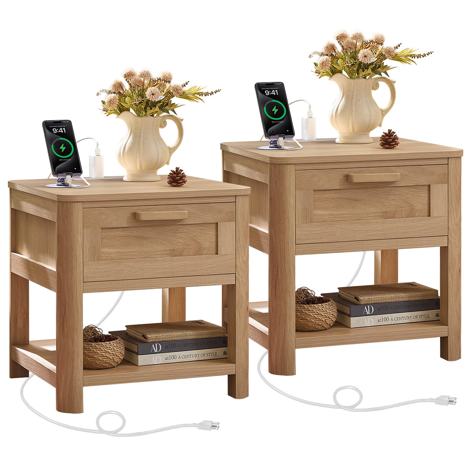 Joaxswe Farmhouse Night Stand Set of 2 with Charging Station, Natural