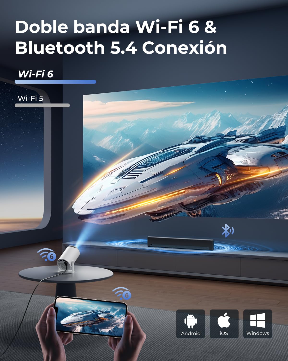 Proyector Portátil 4K Soporte, Apps Integradas & Auto Keystone, 2026 Mini Proyector 20000 Lúmenes con Android 14 WiFi 6 Bluetooth 5.4 Rotación 180° Compatible con HDMI/USB/TV Stick/Smartphone/Laptop