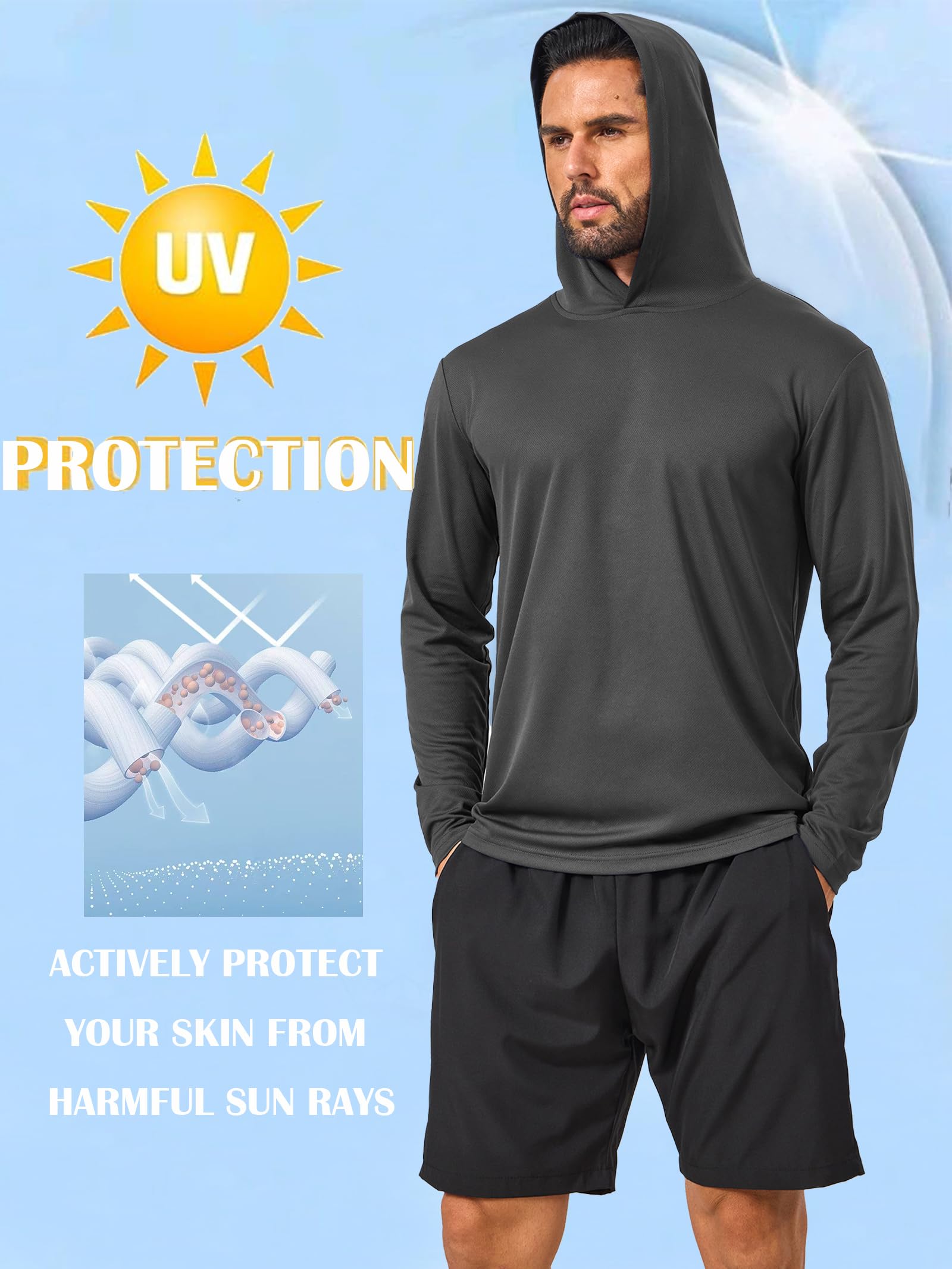Paquete de 5 sudaderas con capucha de protección solar para hombre, camisetas de manga larga UV, secado rápido, ligeras, para trabajo, atletismo, verano