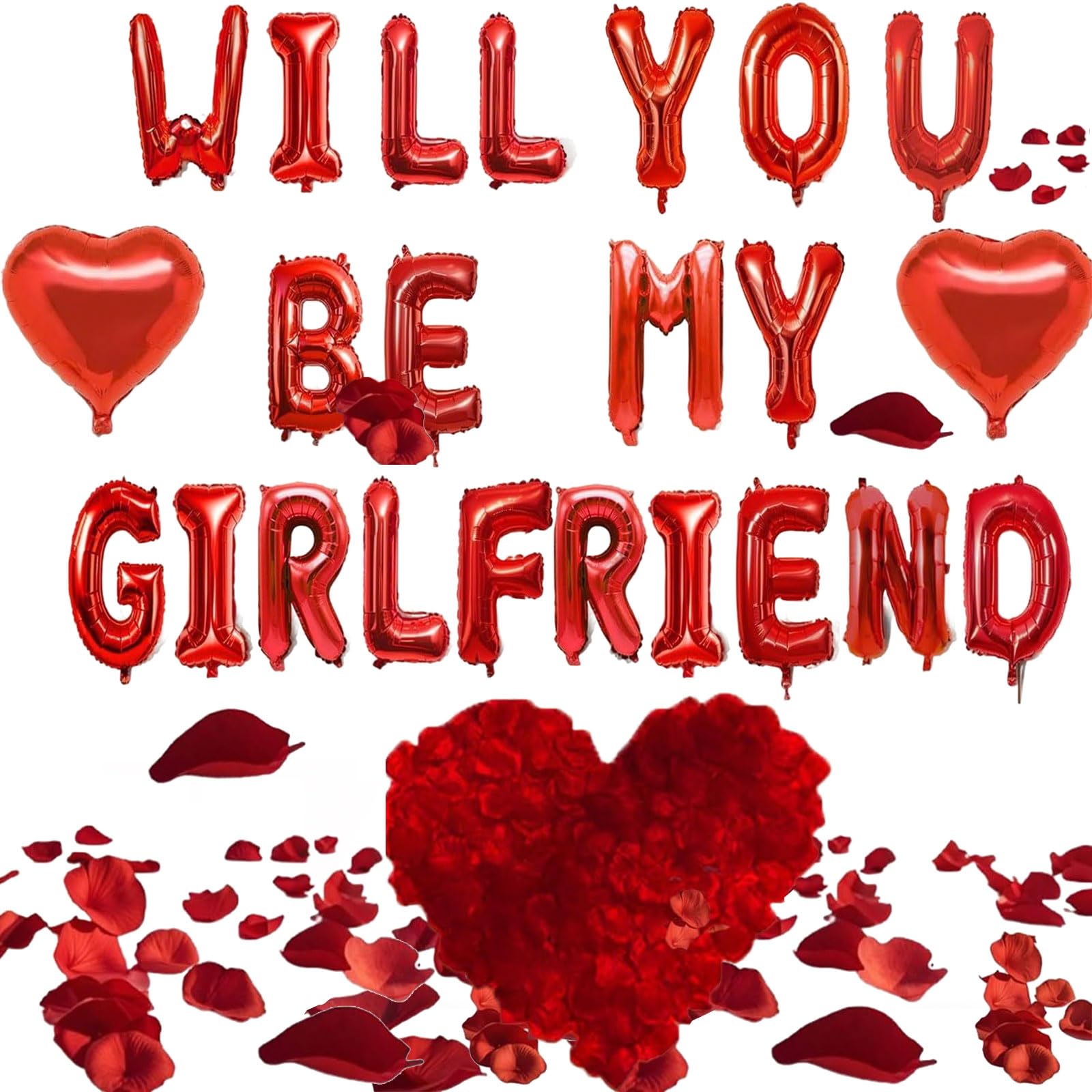 Will You Be My Girlfriend Balloons,Foil Letter and Heart Balloons,Heart Foil Balloon for Valentine Day,Will You Be My Girlfriend Red Valentine's Day Party Decorations,10 Hearts+14 Letters+1200 Petals