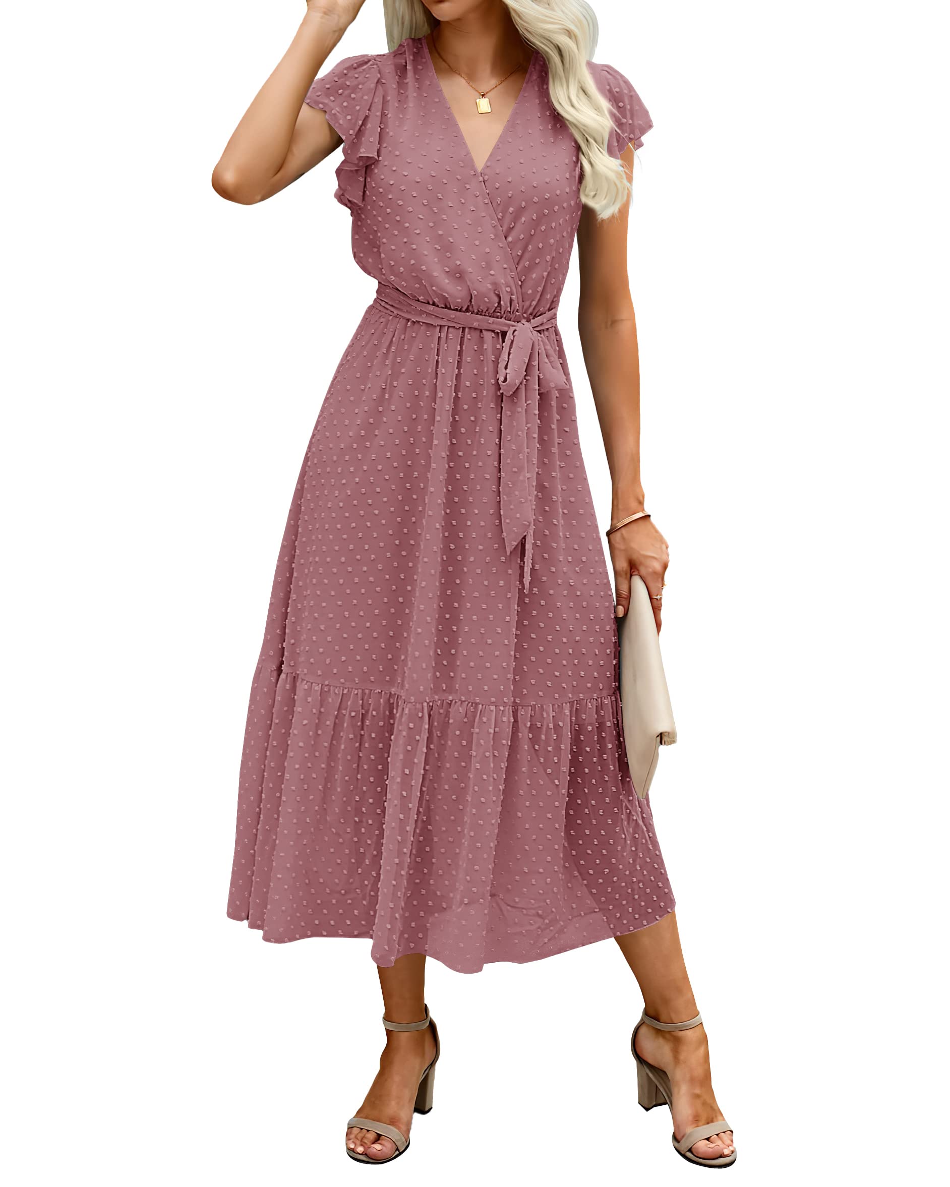 BTFBM Women Summer Bohemian Floral Casual Wrap V Neck Ruffle Cap Sleeveless Belt A-Line Pleated Hem Midi Sun Dress White
