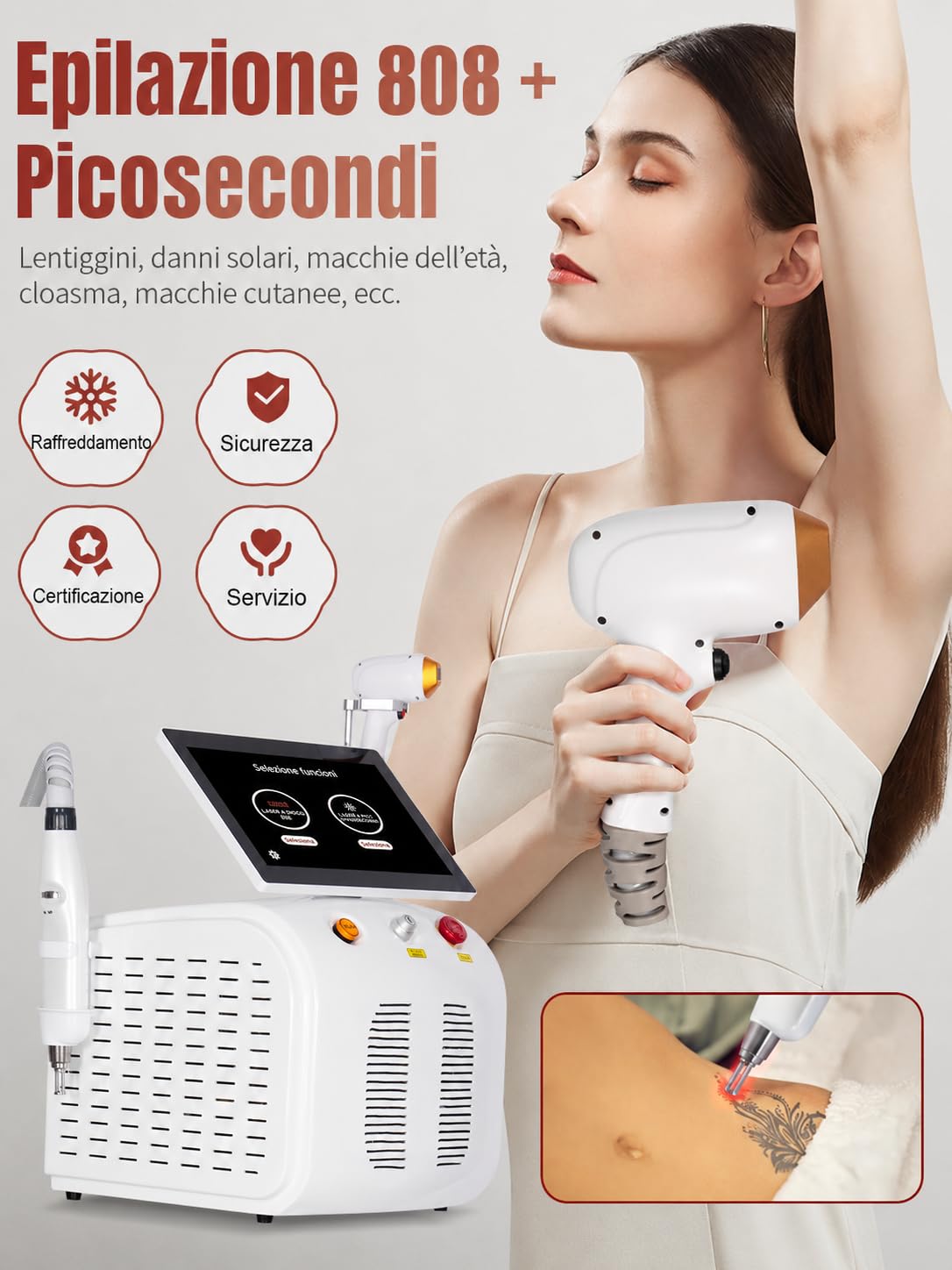Macchina laser professionale 2 in 1 808 nm e picosecondi NDYAG, dispositivo estetico per epilazione viso e corpo, rimozione tatuaggi, raffreddamento integrato, schermo tattile, 2 manipoli