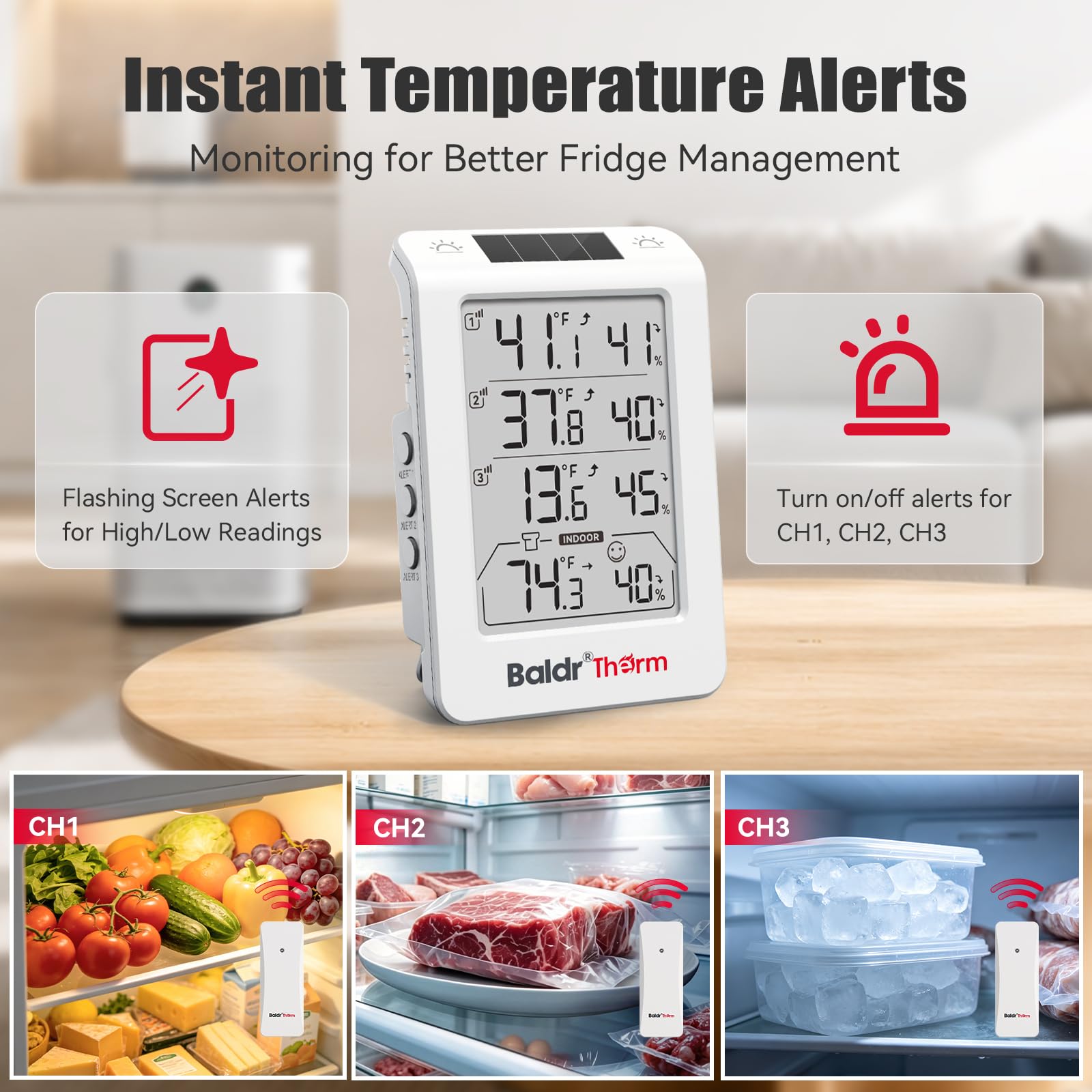 BaldrTherm Thermomètre hygromètre sans fil à trois canaux, grand écran de température et d'humidité, rétroéclairage automatique intelligent, portée de 100,6 m et alertes en temps réel pour intérieur