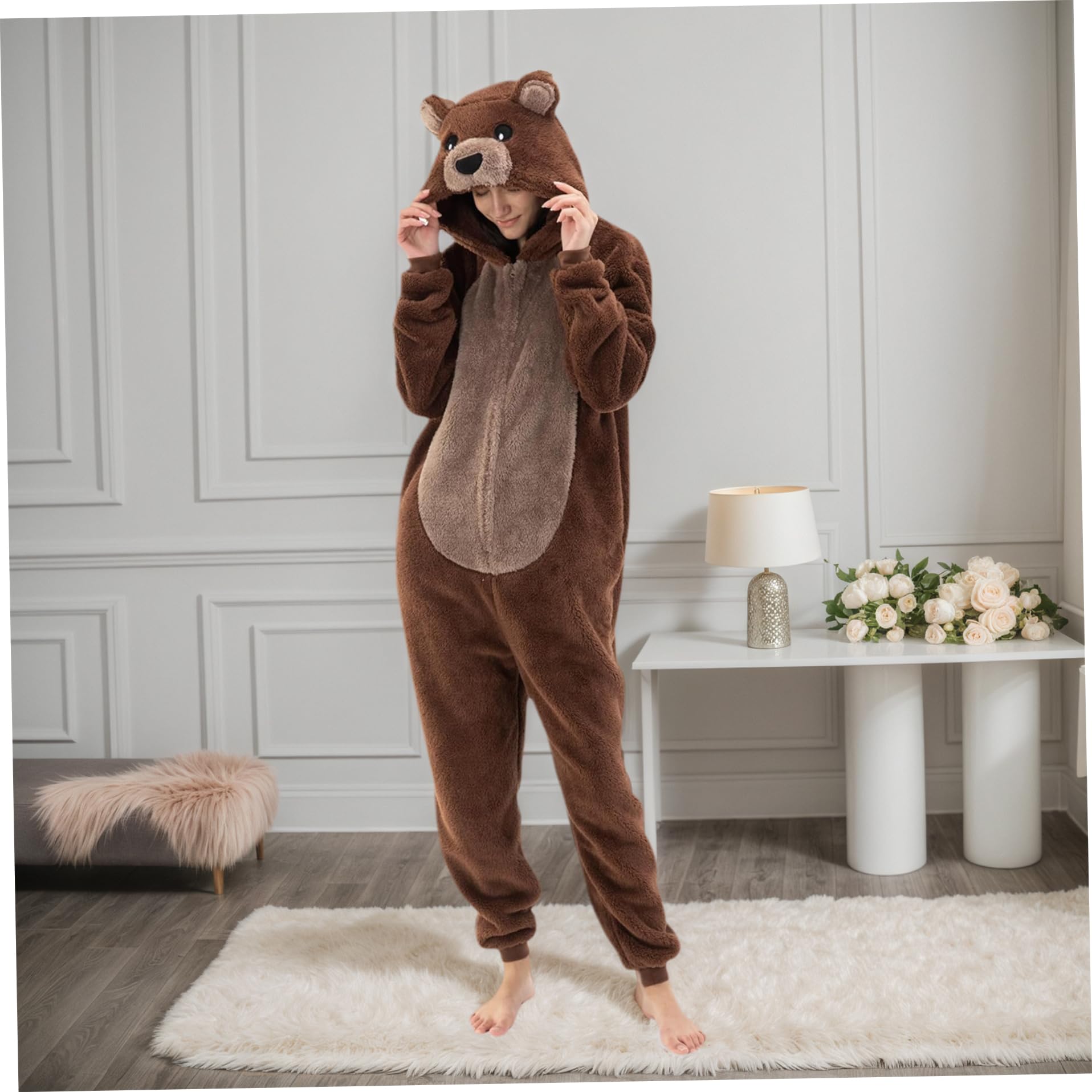 Pijamas de una pieza para adultos, mono cálido y lindo de oso, disfraces de animales con cremallera para mujeres, hombres, invierno..