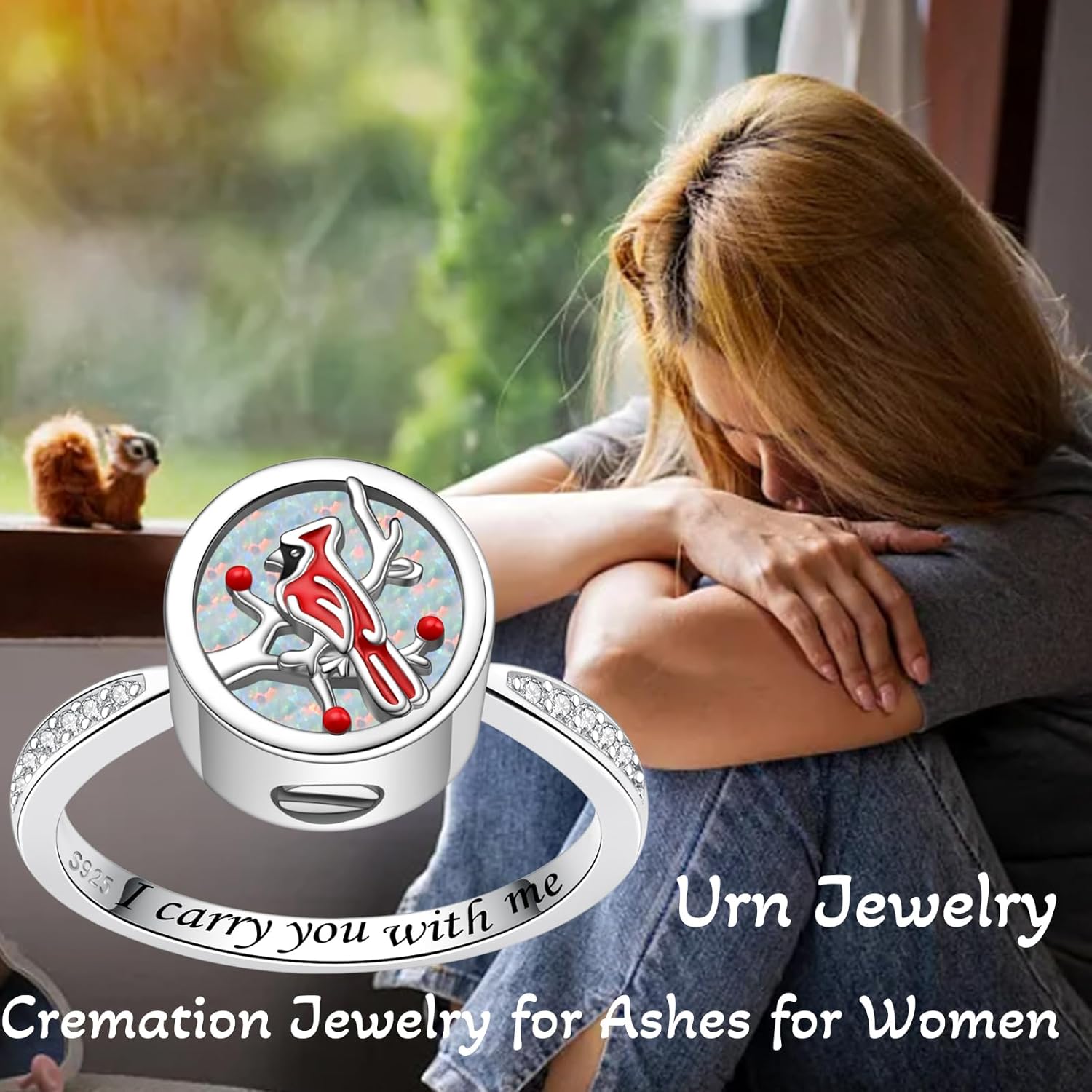 Circle Red Cardinal Urn Ring for Ashes - Sterling Silver Cremation Keepsake Ring with Opal Stone for Women - Image 5