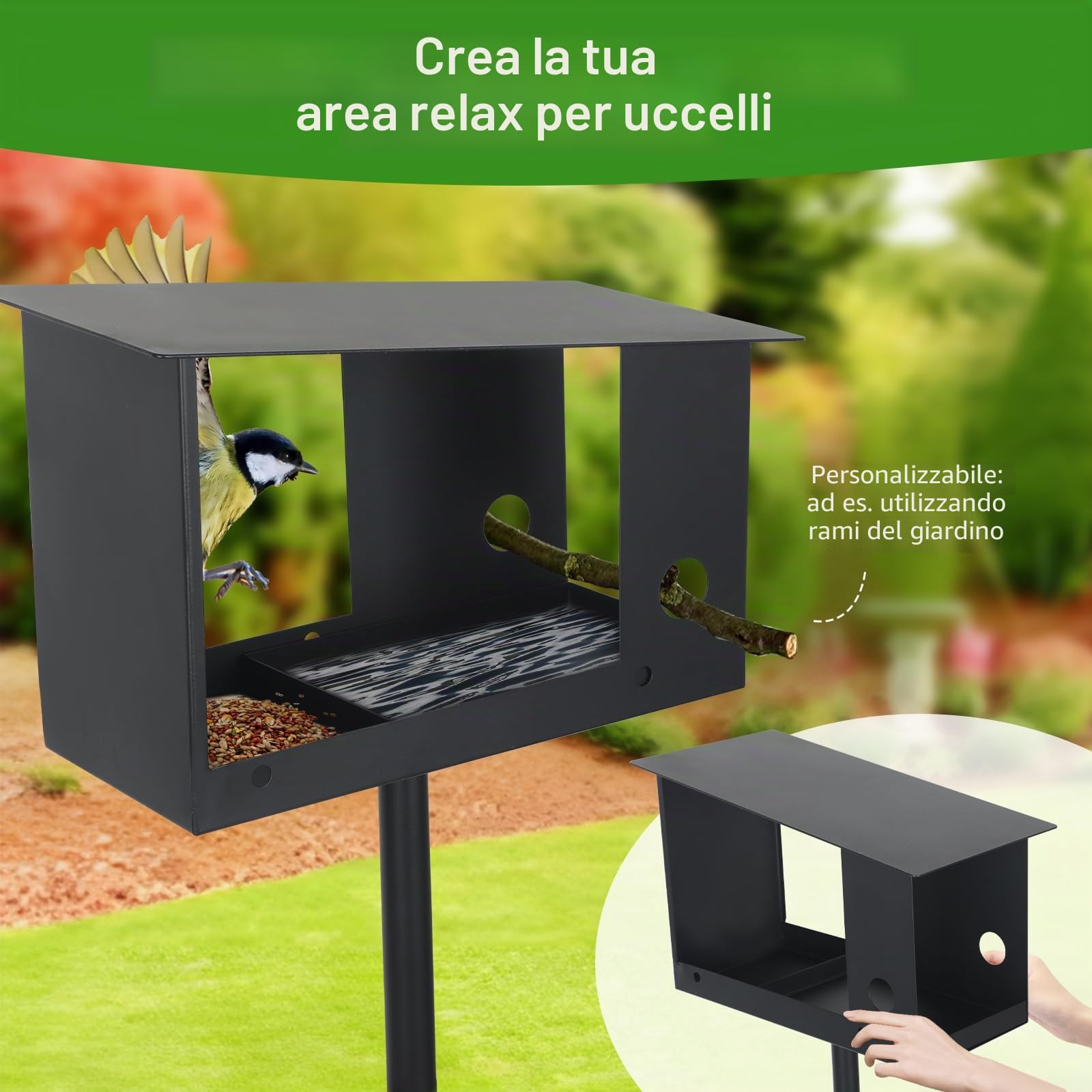 Casetta per uccelli con supporto, mangiatoia per uccelli in metallo, 3 in 1, per uccelli, resistente alle intemperie, per uccelli, villa per uccelli, mangiatoie per esterni