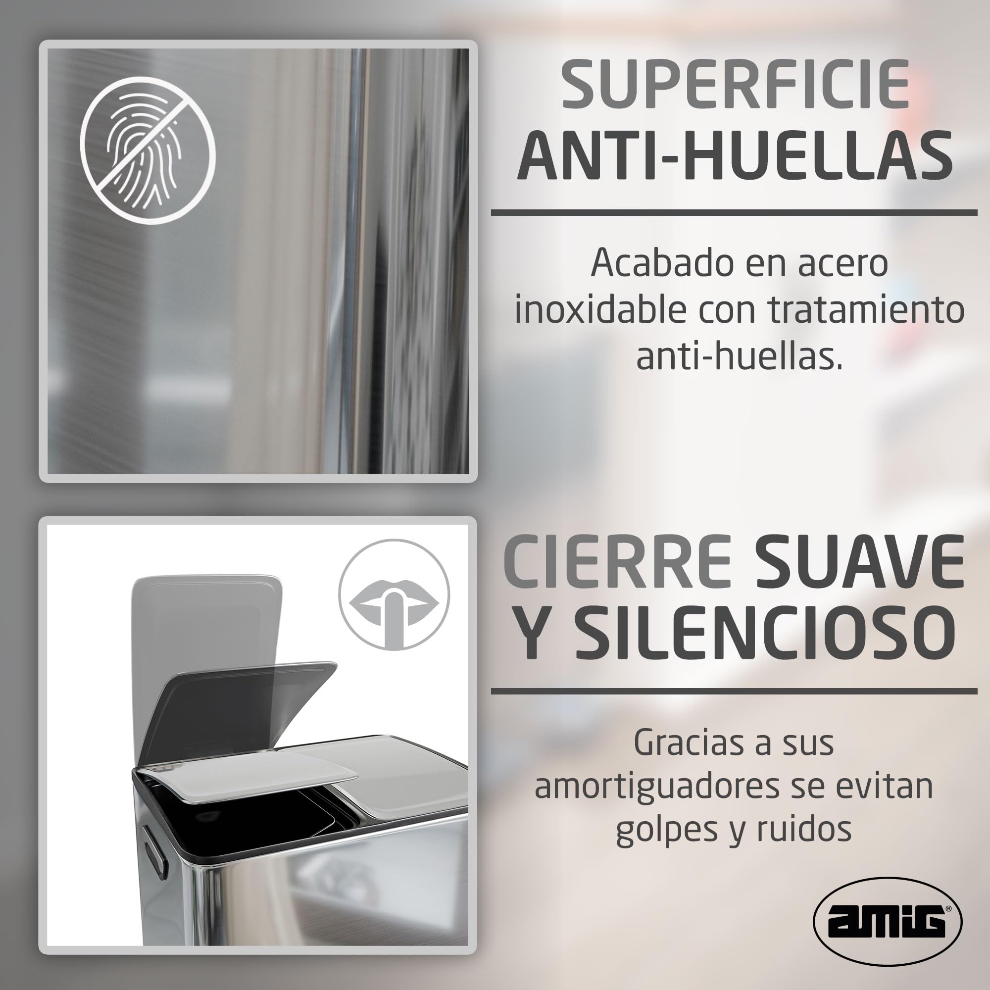 Amig - Cubo de Reciclaje Doble con Pedales Mod. RECIK EVO 40 L - 2 Compartimentos x 20 L - Acero inoxidable - 45 x 30 x 52 cm - Plateado