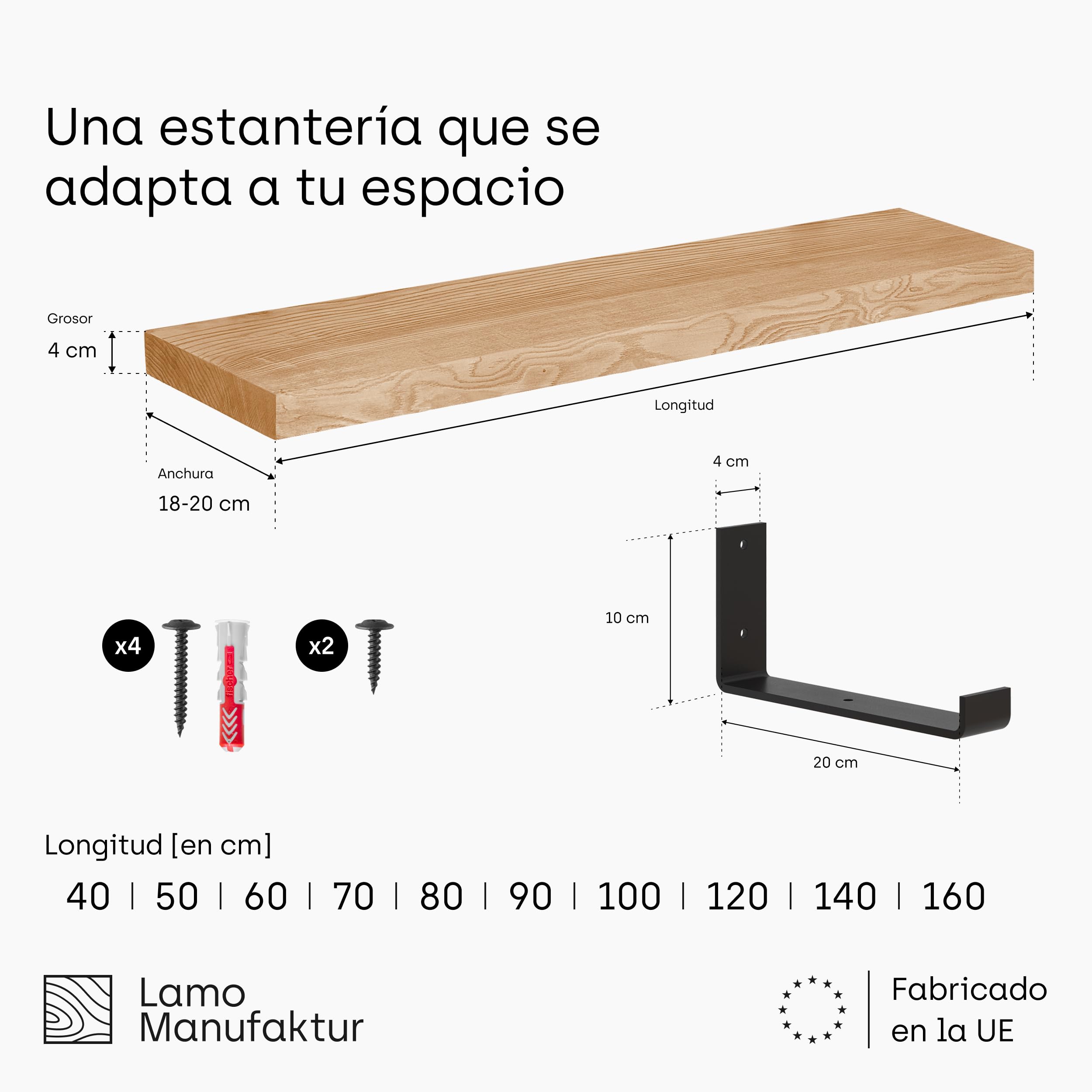 LAMO Manufaktur Estantería de Pared con Soportes Negros en Forma de J | Estantería 100 cm Madera para salón, Cocina, Estudio Estilo Industrial | Color: Rustico, Borde: Recto | Madera Maciza