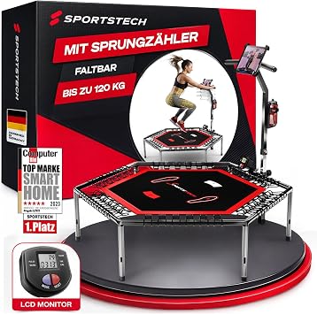 Sportstech HTX100 Folding Trampoline German Quality Brand Fitness Trampoline with Handle Indoor Jumping for Children and Adults TÜV/GS Jump Counter App