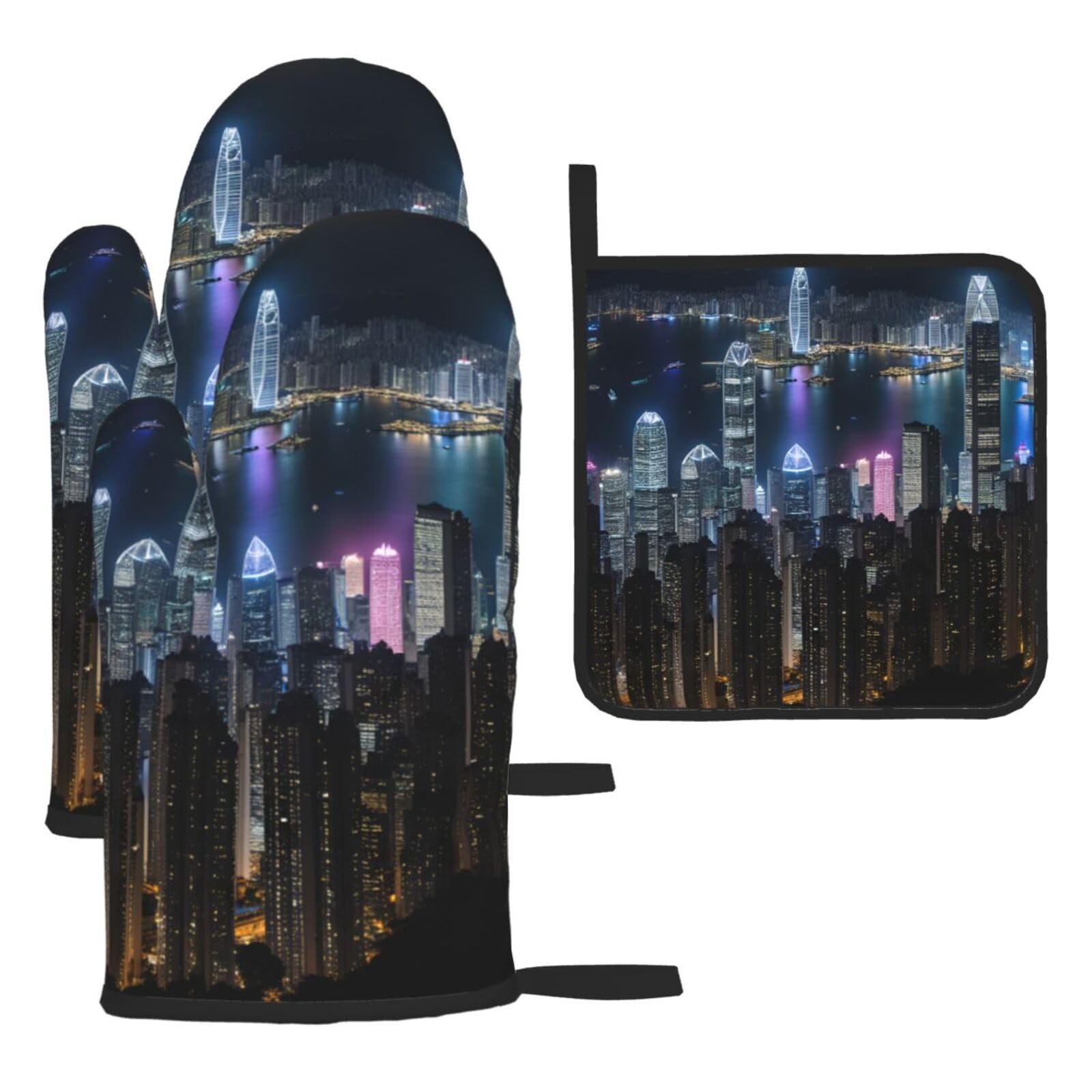 Aerial Night Of View Hong Kong Print Oven Mitts Kitchen Gloves Set Everyday Baking Grilling Microwaving Cooking Gift