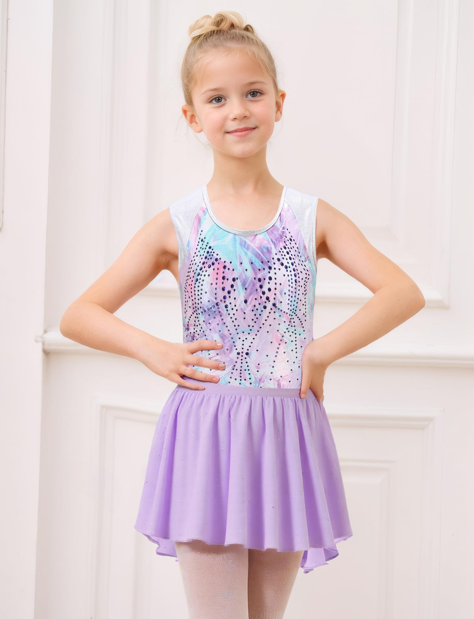 SEAUR Ragazza Body Ginnastica Senza Maniche Ginnastica Set Ginnastica con Gonna e Fascia Multicolore Glitter 5-12 anni