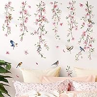 Vista 1 de decalmile Calcomanías de pared colgantes con diseño de vid, hojas florales rosas, pájaros, calcomanías de pared para dormitorio, sala de estar