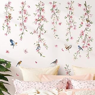 decalmile Pegatinas de Pared Rama Arbol de Flores Rosa Vinilos Decorativos Flores de Vid Colgantes Pájaros Adhesivos Pared Dormitorio Salón Oficina Ventana