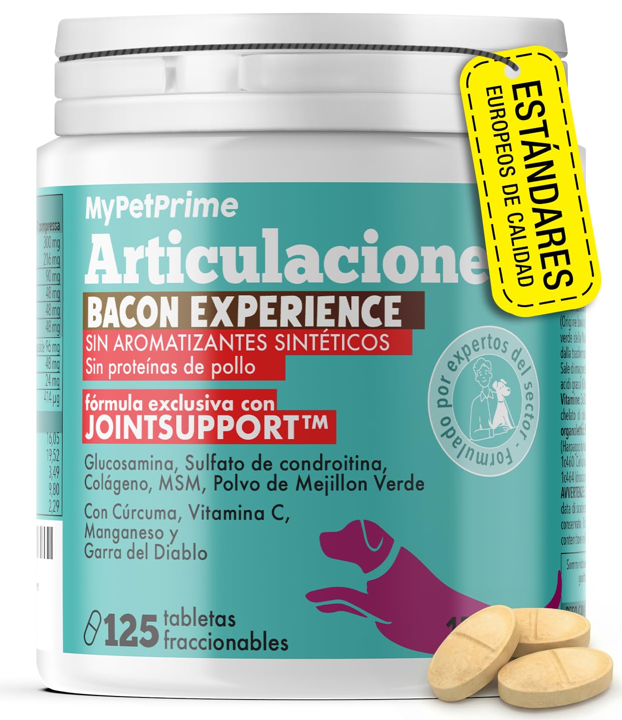 MyPetPrime Articulaciones Complemento alimenticio para Perros - 125 Comprimidos | Nueva fórmula JointSupport™ con MSM, Polvo de mejillón de Labio Verde, glucosamina y Garra del Diablo