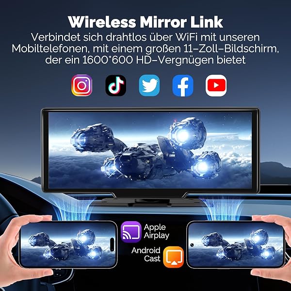 Alpinetech 11 Zoll Carplay Display & Android Auto Display, Car Play mit 4K Dashcam 1080P Rückfahrkamera IPS Touchscreen Bluetooth Mirror Link FM AUX Siri Assistant 64G TF - 4