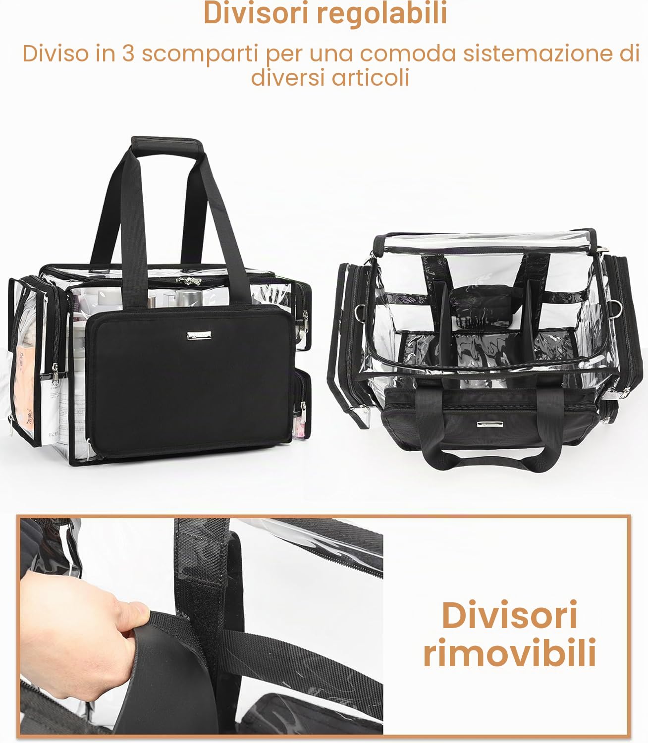 Relavel Borsa da trucco trasparente XXL – Set cosmetico professionale per truccatori e parrucchieri, organizer da viaggio con scomparti regolabili, borsa trasparente per la spiaggia e gli articoli da
