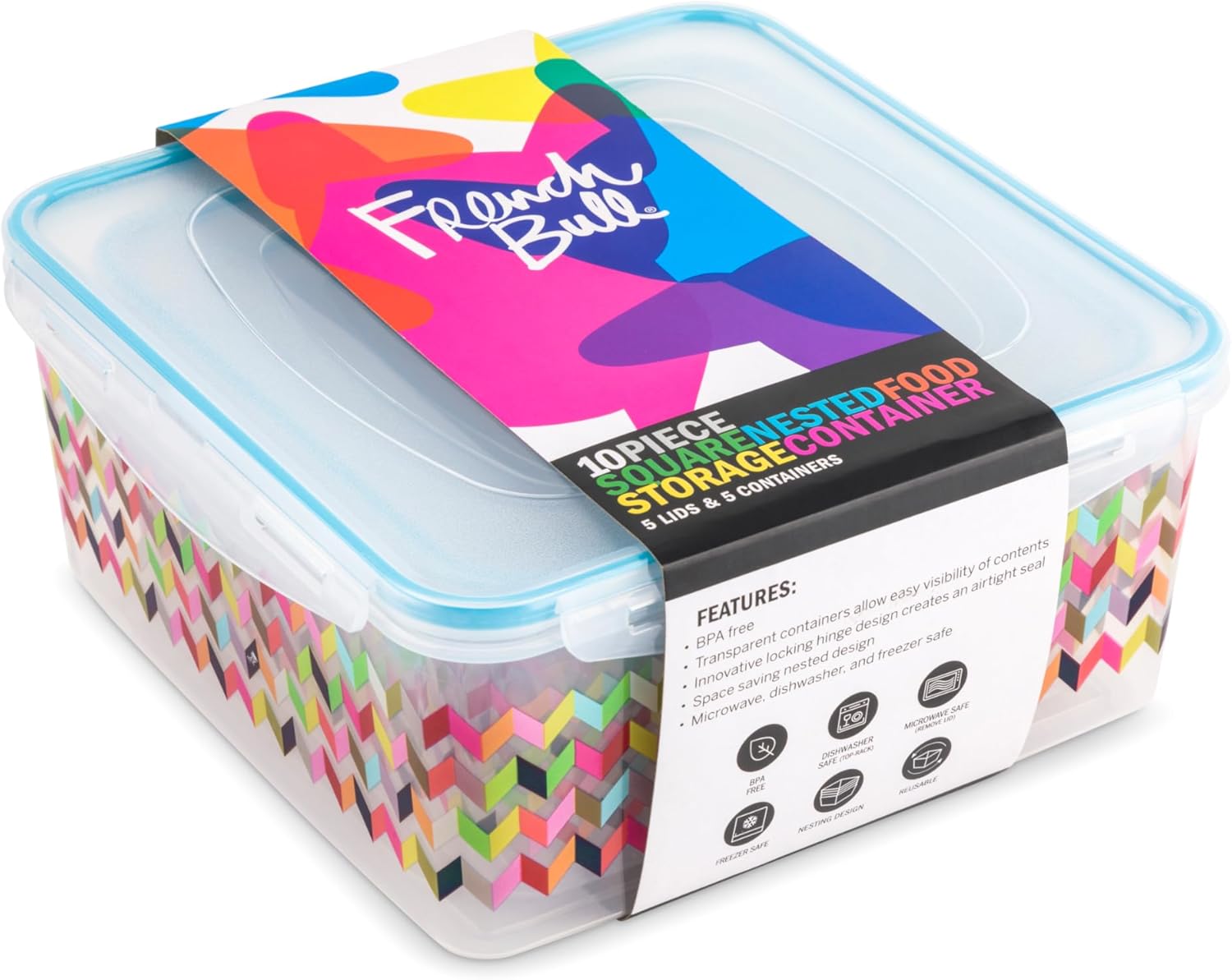 French Bull Set of 5 Square Printed 13.5oz/27oz/45.7oz/74.4oz/100oz Food Storage Containers Ziggy