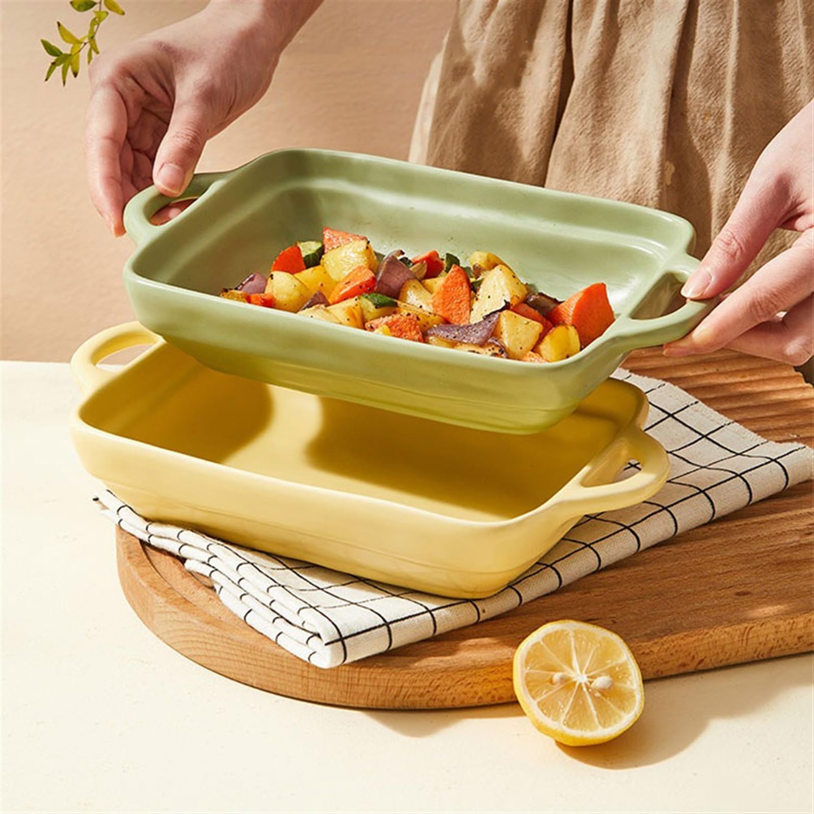 Plat de cuisson riz au four fromage, bol à double oreille Pain(Khaki,7.6inch)
