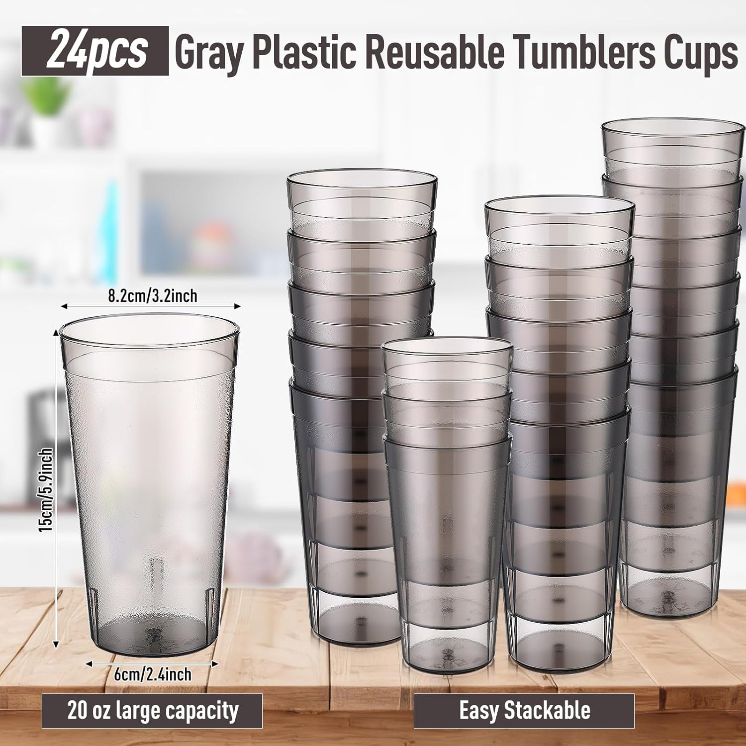 Sieral 24 Pack Reusable Plastic Tumblers Cups Stackable Beverage Cups Restaurant Drinking Glasses Anti Slip Break Resistant Water Glass for Kitchen Camping Cafe Bar Party(20 oz,Grey) - Image 2