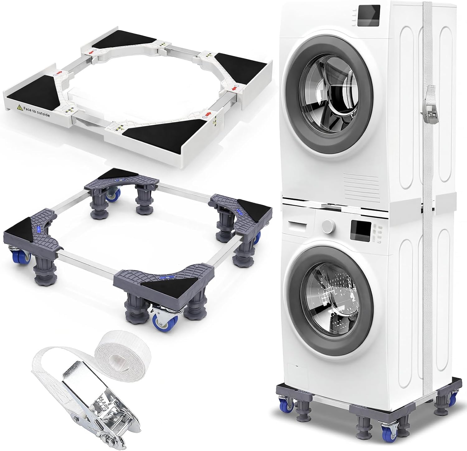 Kit de Superposition Réglable pour Lave-Linge et Sèche-Linge avec Socle Mobile, Cadre 46–72 cm, Base 43–60 cm, 4 Roulettes avec Frein, 8 Pieds Anti-Vibration, Sangle à Cliquet 6 m