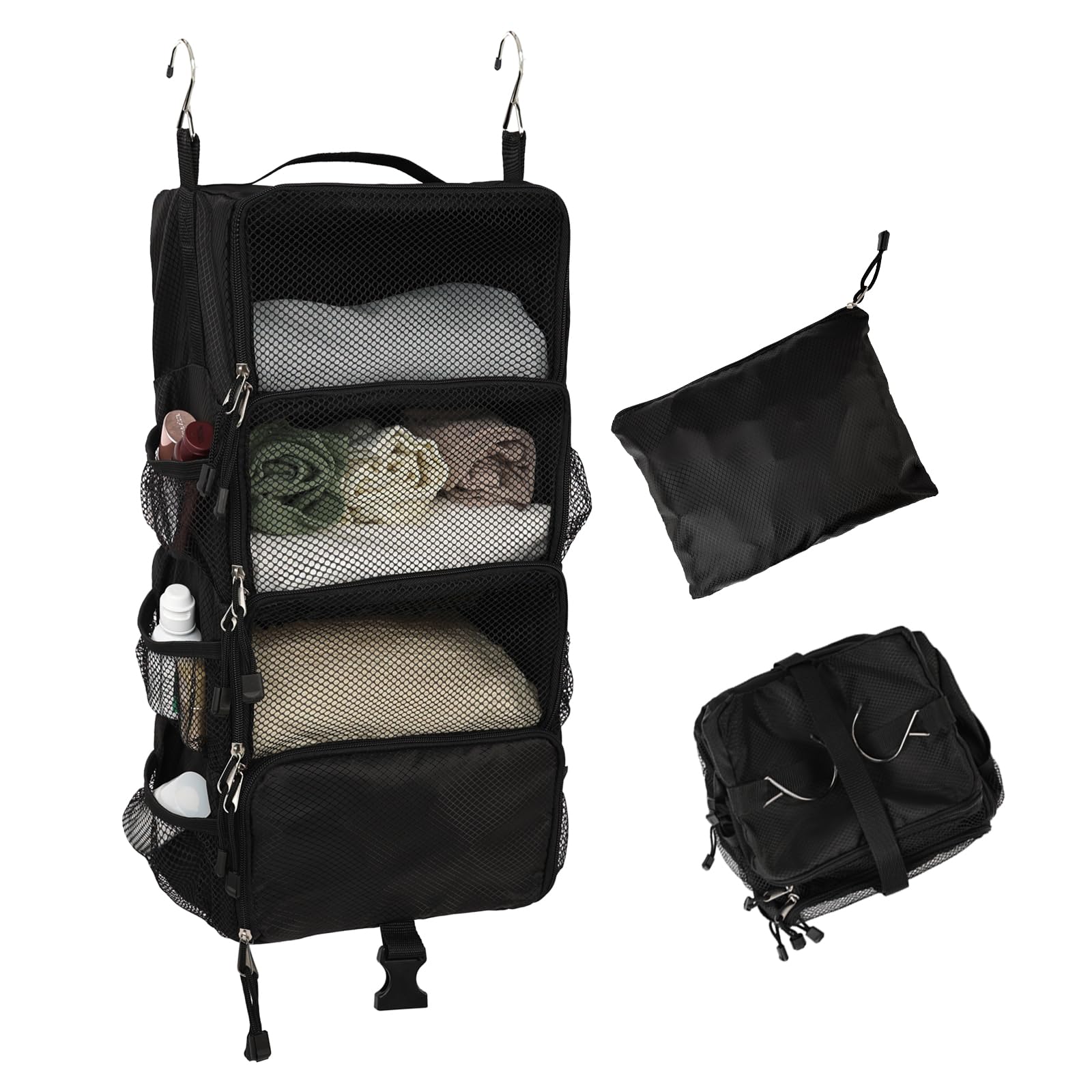 TABITORA Travel Luggage Organizer insert Hanging Packing Cubes for Suitcase Carry on Closet Hanging Shelves Folding(Black,S)