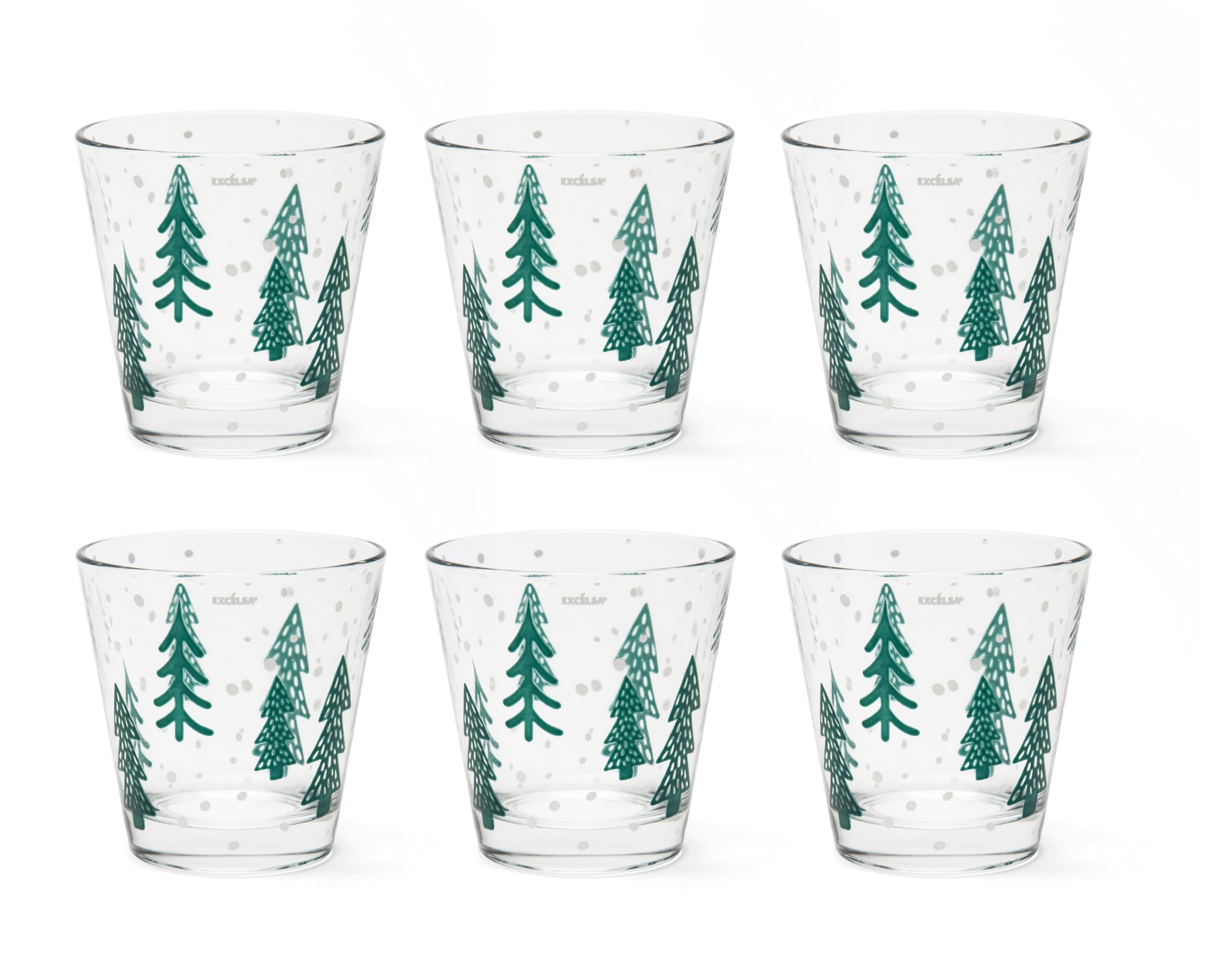 Excelsa Green Winter Water Glasses, Set of 6, Glass with Fir Decoration, 250 ml, 8.5 x 9 cm