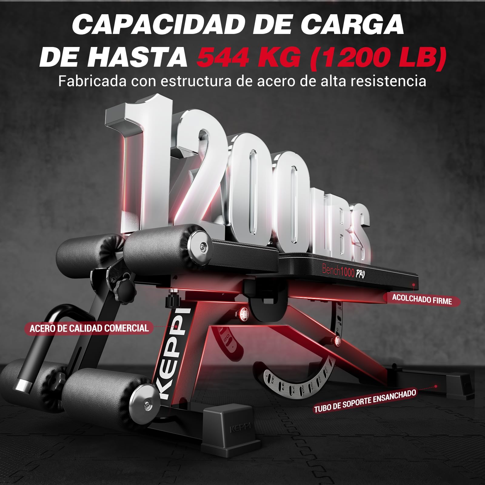 Keppi Banco Musculación, con Capacidad de 600 kg, Banco de Pesas Multifuncional y Banco Abdominales para Entrenamiento en Casa, Incluye Sujetapiés Extraíble y 12+3 Ajustes - Bench1000 Pro