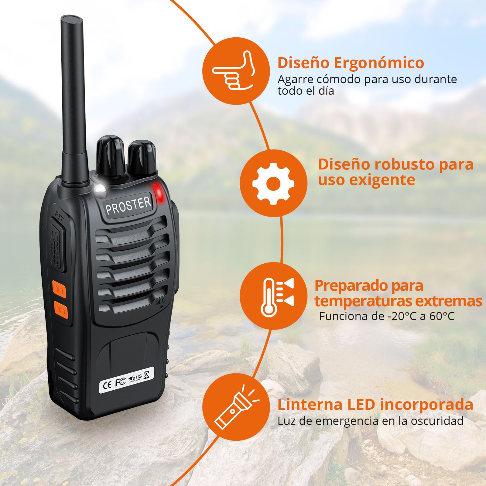 Proster Walkies Talkies Recargable Walky Talky Profesionales 16 Canales CTCSS DCS Transmisores Receptores Radiocomunicación de Largo Alcance con Pinganillos y LED Linterna — view 7