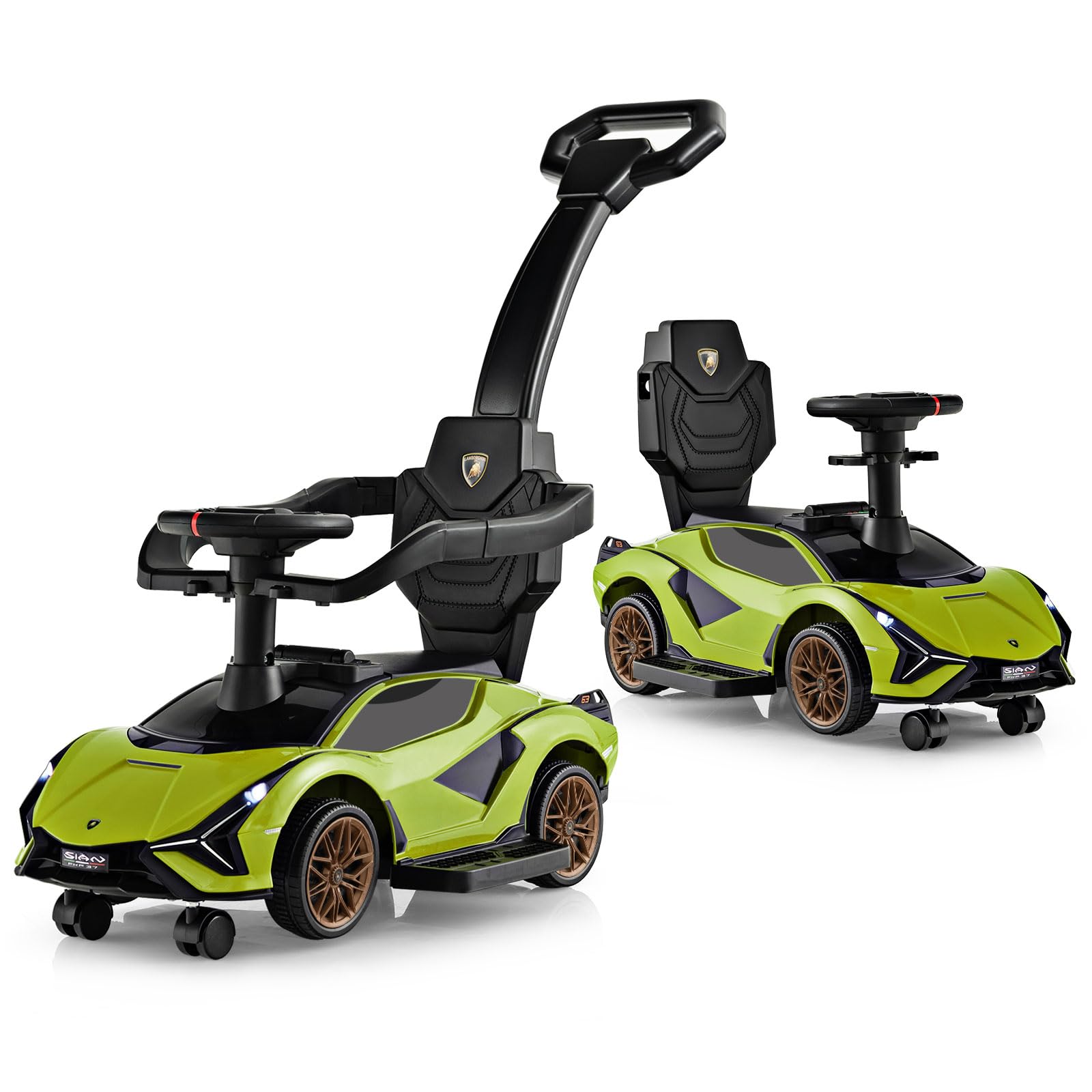 GYMAX 3 in 1 Kids Ride on Push Car, Licensed Lamborghini Push Along Car with Handle, Guardrails, USB Port, Music & Lights, Underneath Storage, Toddler Sliding Toy for 18-60 Months Boys Girls (Green)