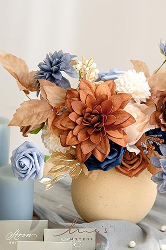 Miniatura 3 de Ling's Moment Juego de cajas combinadas de flores artificiales de color naranja quemado y azul marino, flores falsas de terracota para ramo de novia