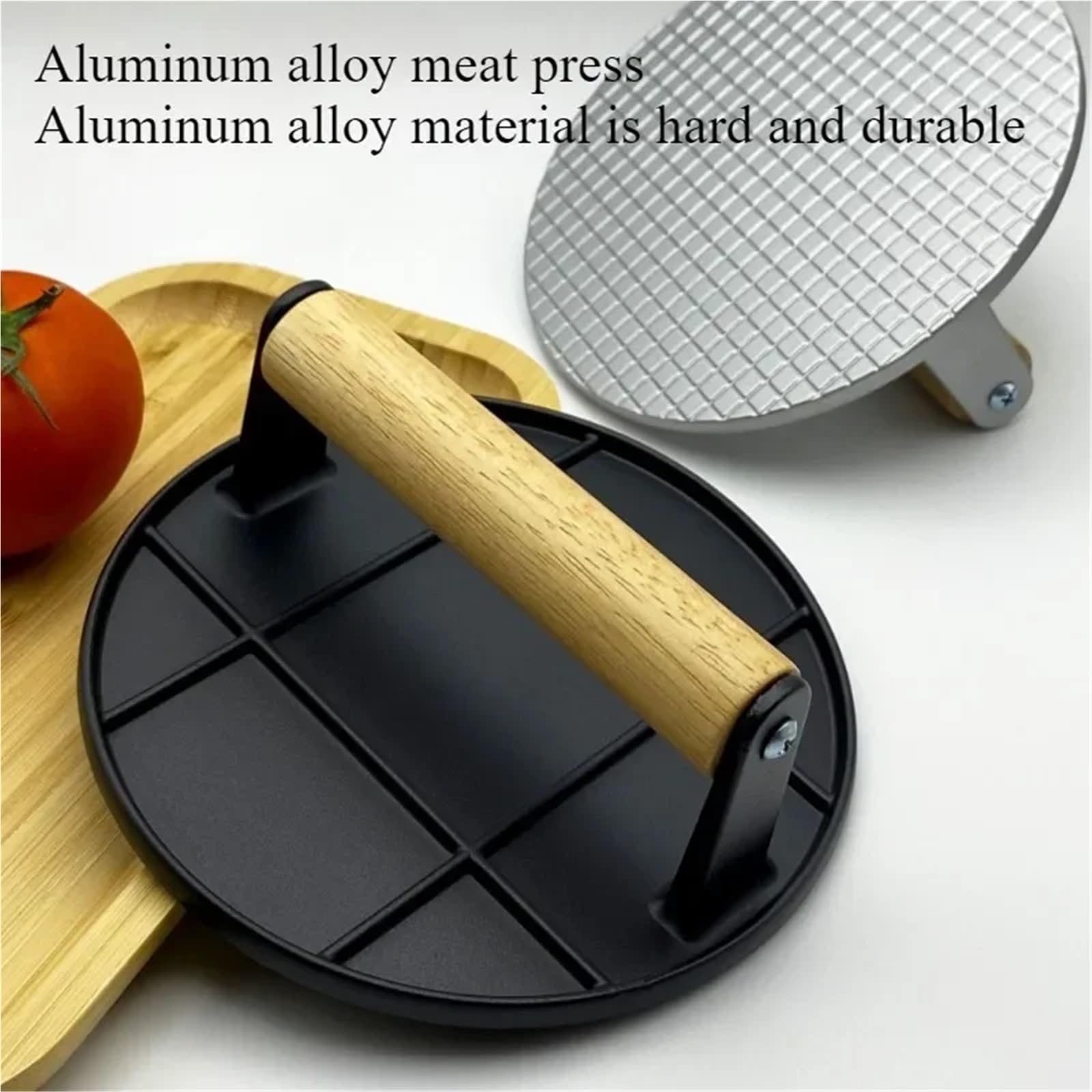 Prensa De Hamburguesas Hierro Fundido For Exteriores, Carne Antiadherente Aleación Aluminio con Mango Madera For Barbacoa En La Cocina del Hogar(Round-Black)