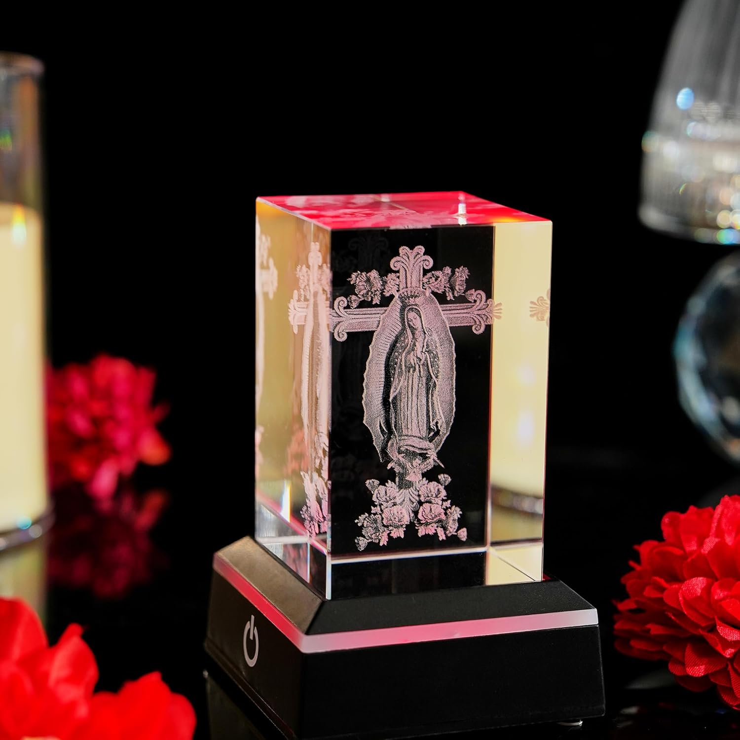 3D Crystal Our Lady of Guadalupe Statues with Cross - Laser Engraved Virgin Mary Figurine with Colorful Base, Christian Religious Gifts for Women, Friends, Family, Virgen De Guadalupe Home Decor