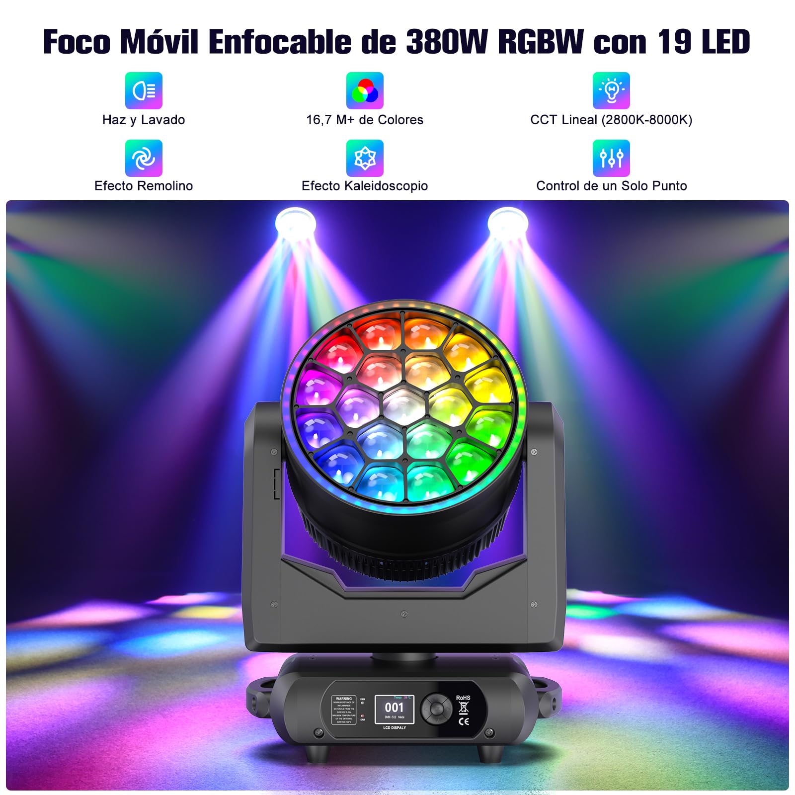 2 pezzi Teste Mobili LED 19 x 20W LED RGBW Beam Wash Luce da Palcoscenico Colore Vortice Caleidoscopio Zoom Effetto Luce di Scena DMX512 per Natale Club DJ Discoteca Festa