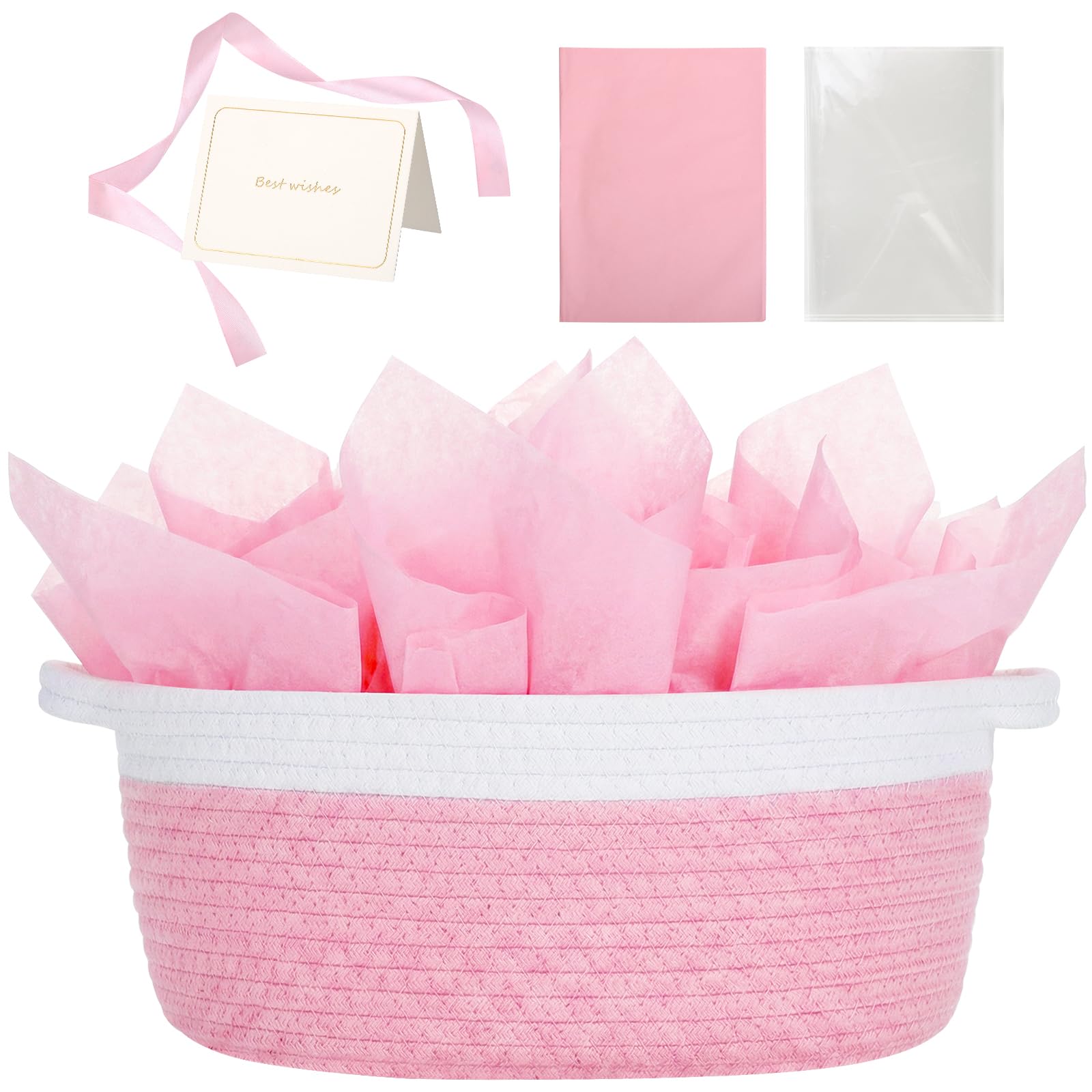 woric Baby Gift Baskets Empty 12"X 8" X 5" Small Pink Basket for Gifts | Cotton Woven Rope Basket for Baby Shower Wedding Toy