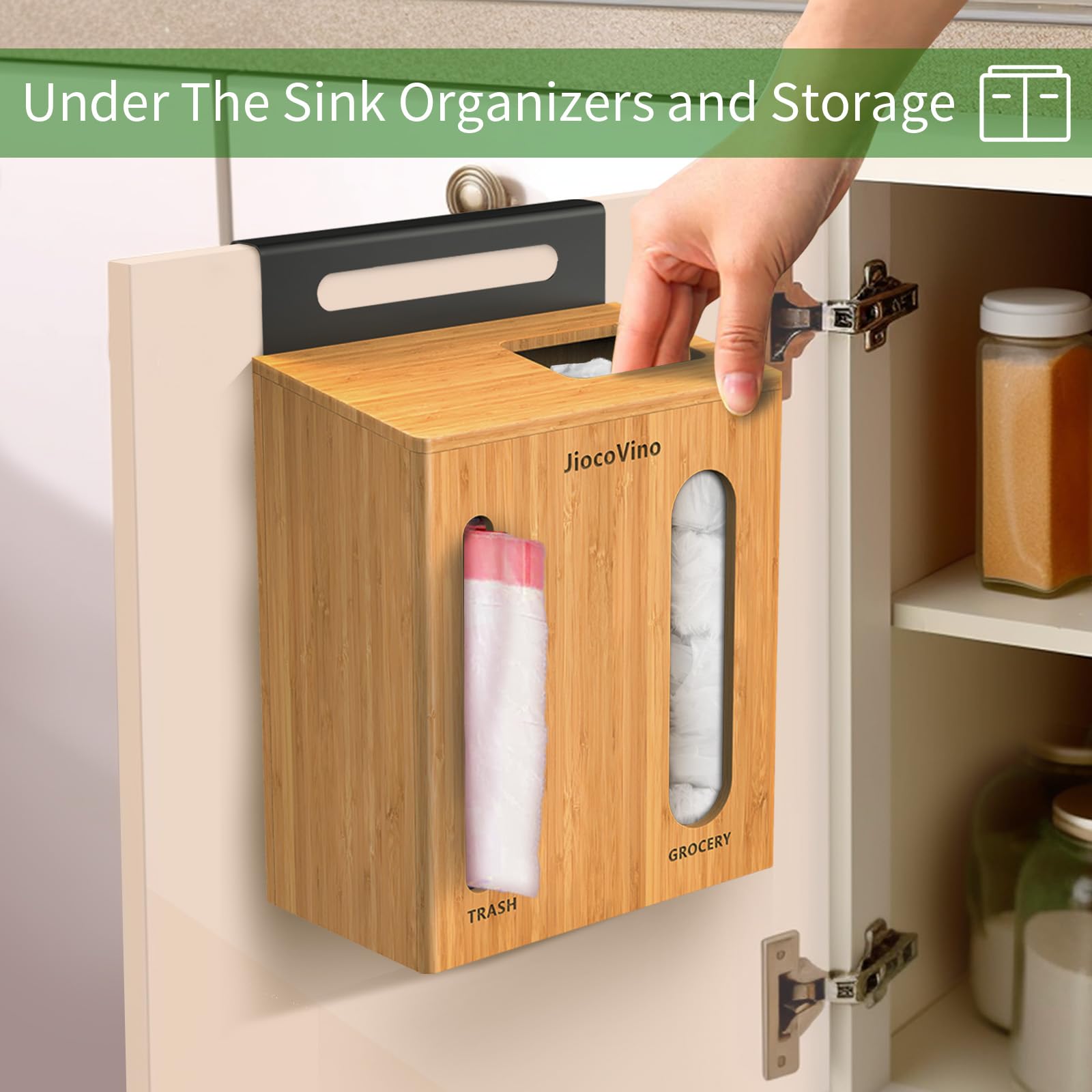 Grocery Bag Holder & Trash Bag Dispenser, Bamboo 2 in 1 Plastic Bag Holder for Grocery Bags and Garbage Bags, Kitchen Under the Sink Organizers and Storage, Fits 13 Gallon Trash Bag