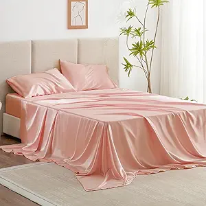 Love's cabin Satin Queen Sheets Set - 4 Piece Coral Silky Bed Sheets with Deep Pocket, Luxury Silk Feel Satin Queen Size Sheet Set (1 Flat Sheet,1 Fitted Sheet,2 Pillow Cases)