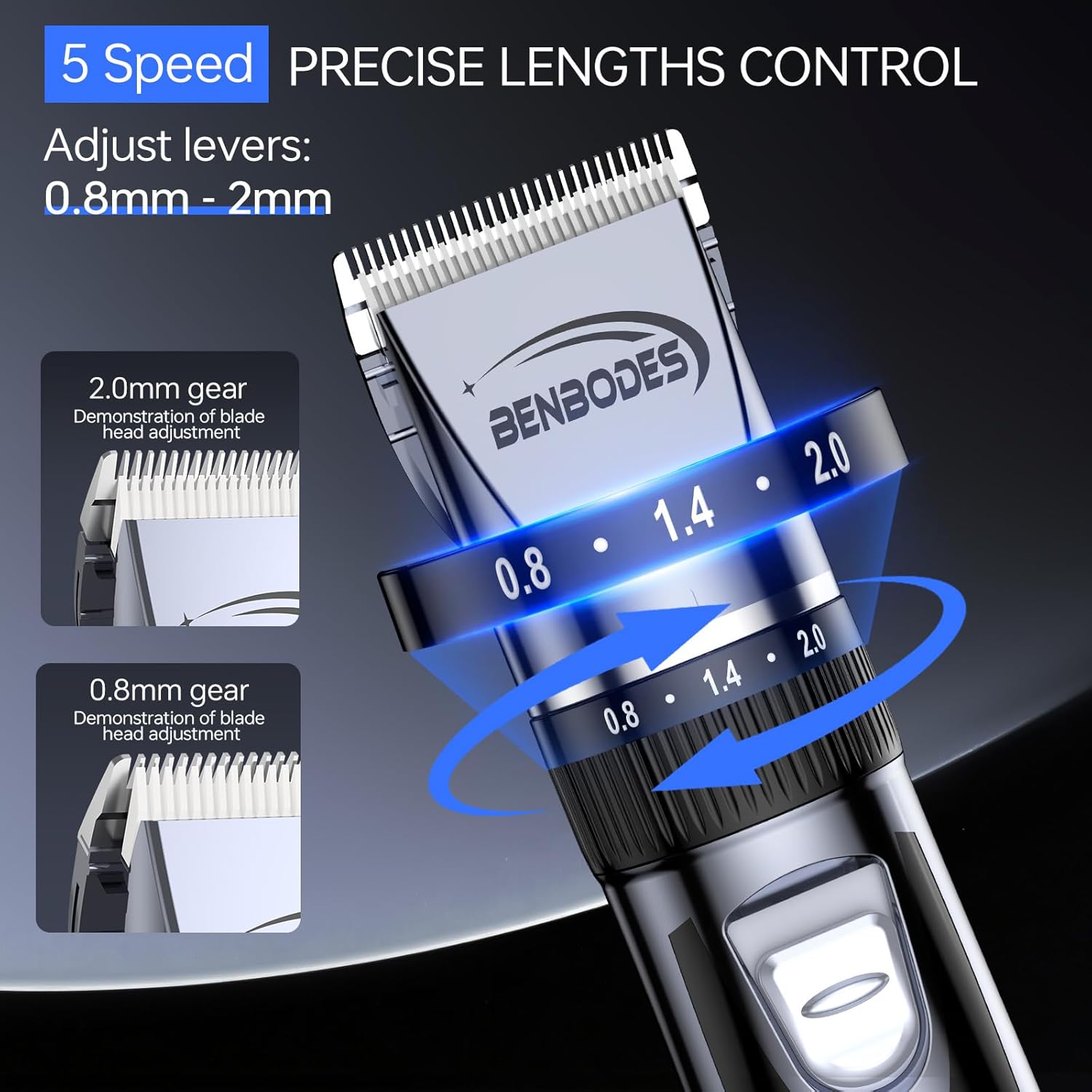 Close-up of Benbodes hair clipper showing the adjustable blade lever with settings 0.8mm, 1.4mm, and 2.0mm