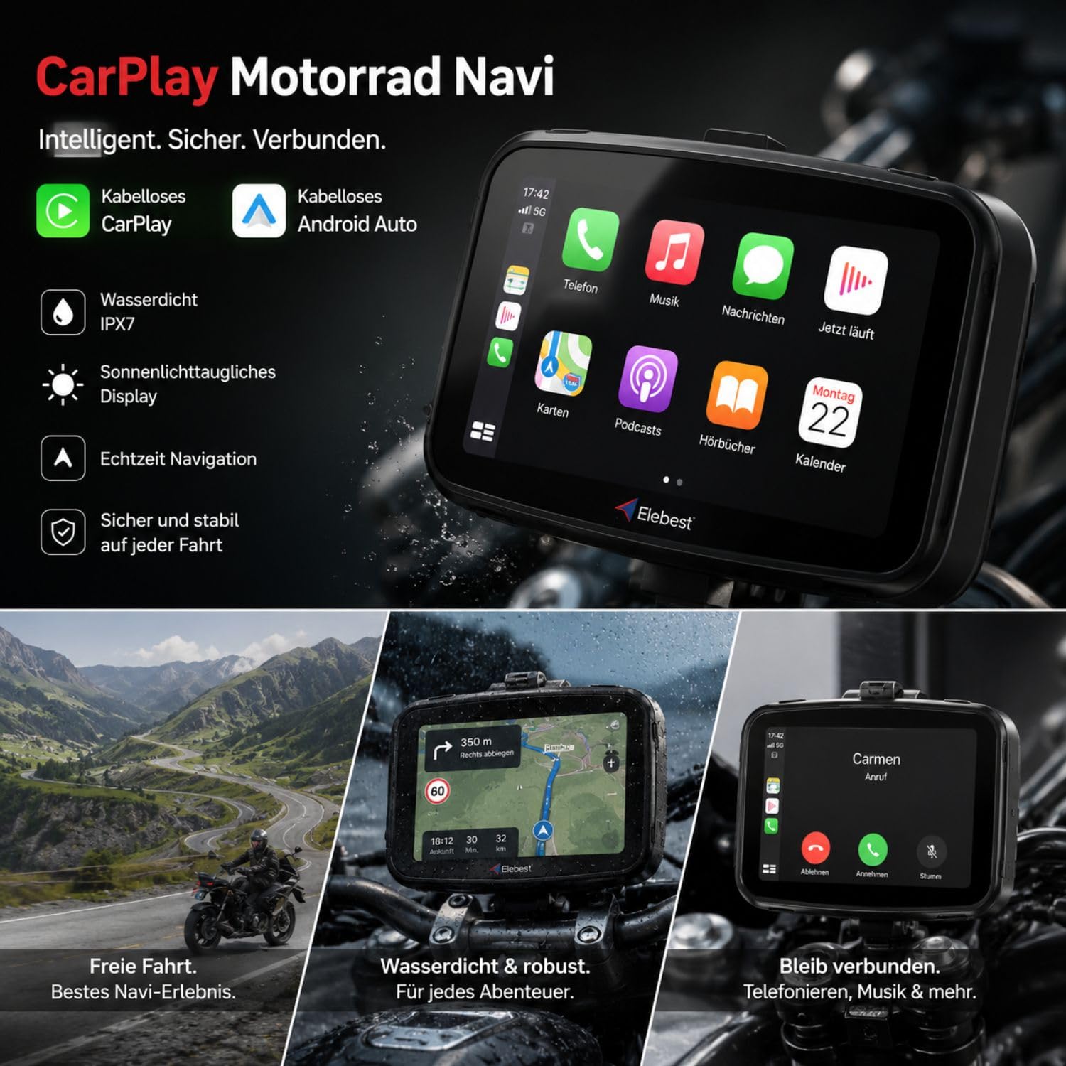 Elebest Motorrad-Navi C650 – Wasserdichtes 5" Navigationssystem mit Wireless CarPlay & Android Auto, Bluetooth, FM-Transmitter & Touchscreen für Motorrad & Auto
