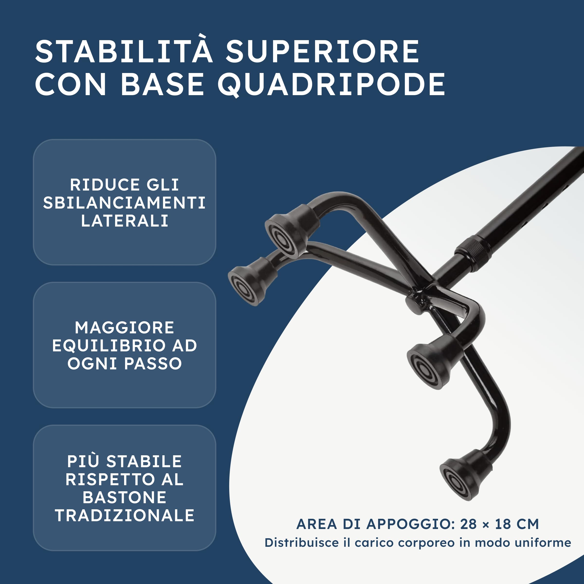 SPES Quadripode Nero in Alluminio - Bastone a 4 Piedi Autoportante per Anziani e Disabili - Ausilio Regolabile (62-85 cm) con Base Antiscivolo Stabile e Impugnatura Anatomica (Design Elegante)