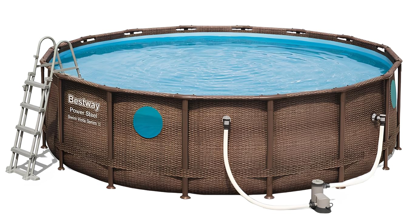 BESTWAY - Piscina Desmontable Tubular Power Steel Diseño Ratán 488x122 cm con Depuradora Cartucho 5.678 L/H con Cobertor y Escalera