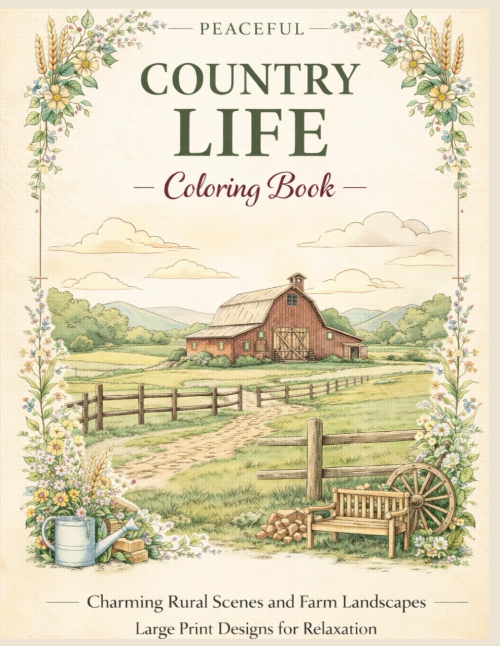 Peaceful Country Life Coloring Book: 30 Relaxing Rural and Farm Scenes with Rustic Barns, Tractors and Countryside Landscapes for Stress Relief