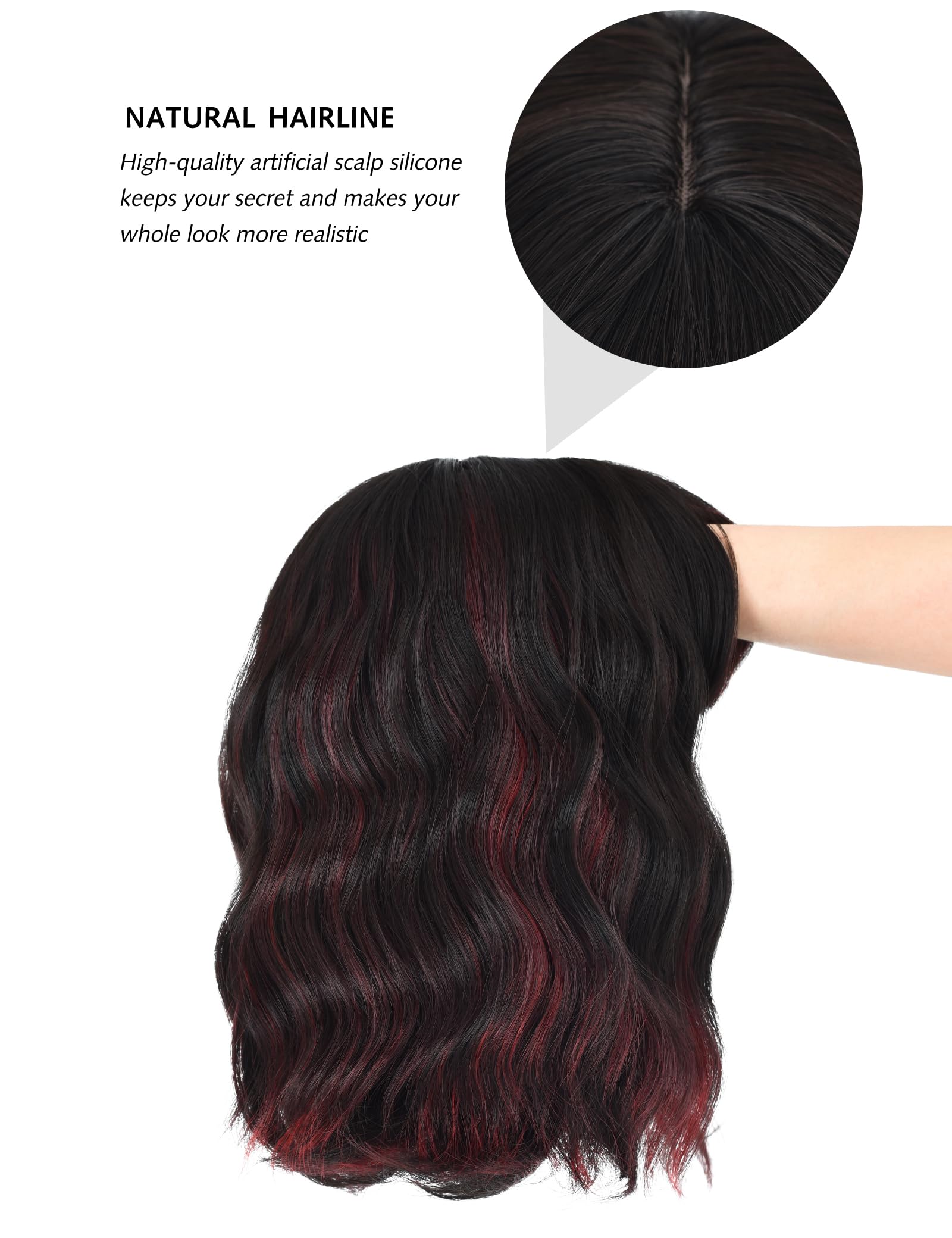 BUYOGET Wavy Bob Wig with Bangs Synthetic Hair Shoulder Length 12 Inch Short Curly Wigs for Women Red Mix Black - Image 4