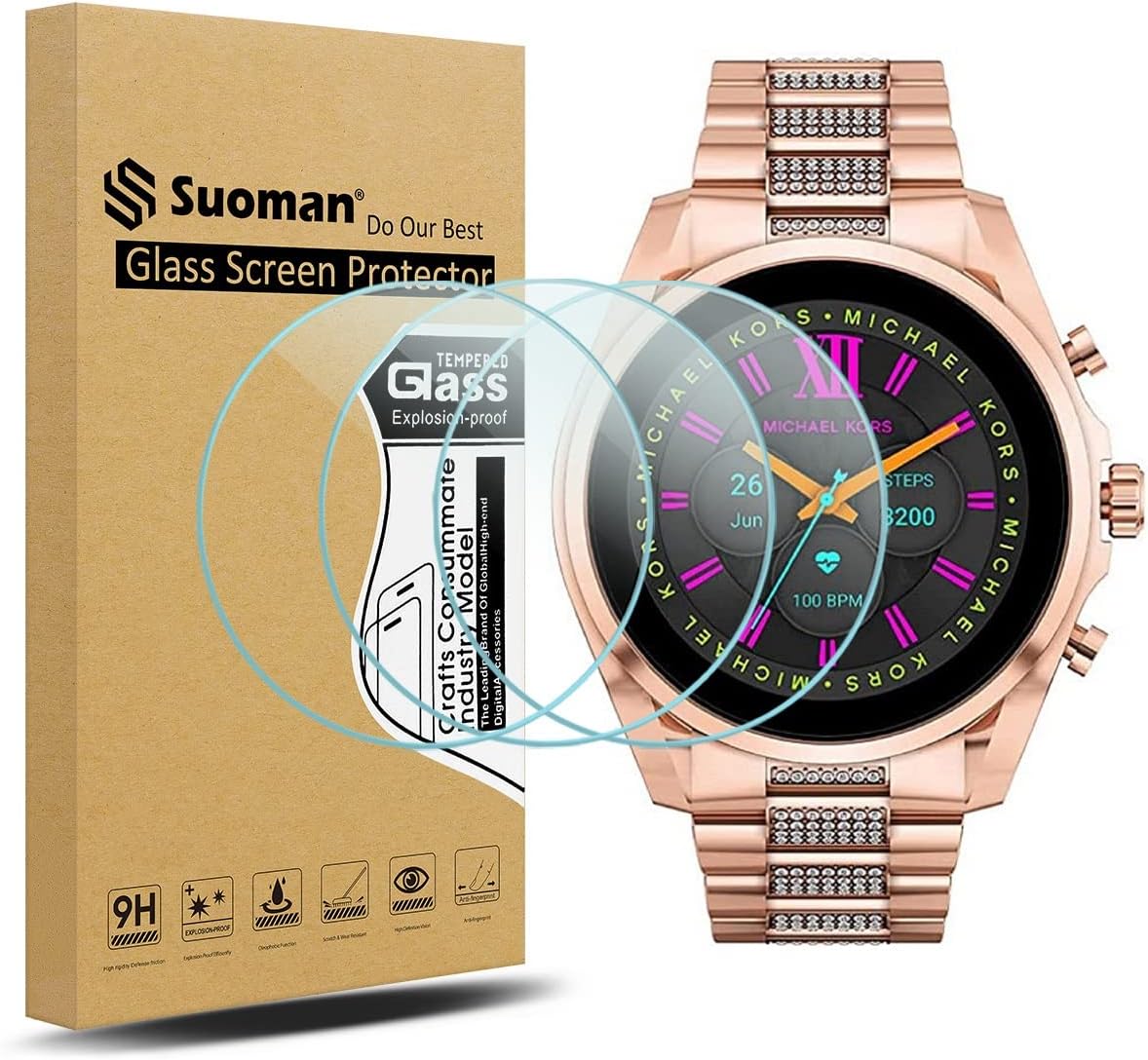 Suoman 3-Pack for Michael Kors Gen 6 Bradshaw Screen Protector Tempered Glass, [Anti-Scratch] 2.5D 9H Hardness Ultra-Thin Tempered Glass Screen Protective Film