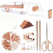 Rose Gold Office Supplies,Rose Gold Desk Accessories,Stapler and Tape Dispenser Set with Stapler,Tape Dispenser, Staple Remover, Staples, Clips,Scissor,Pen and Sticky Notes,Gifts for Office Clerks