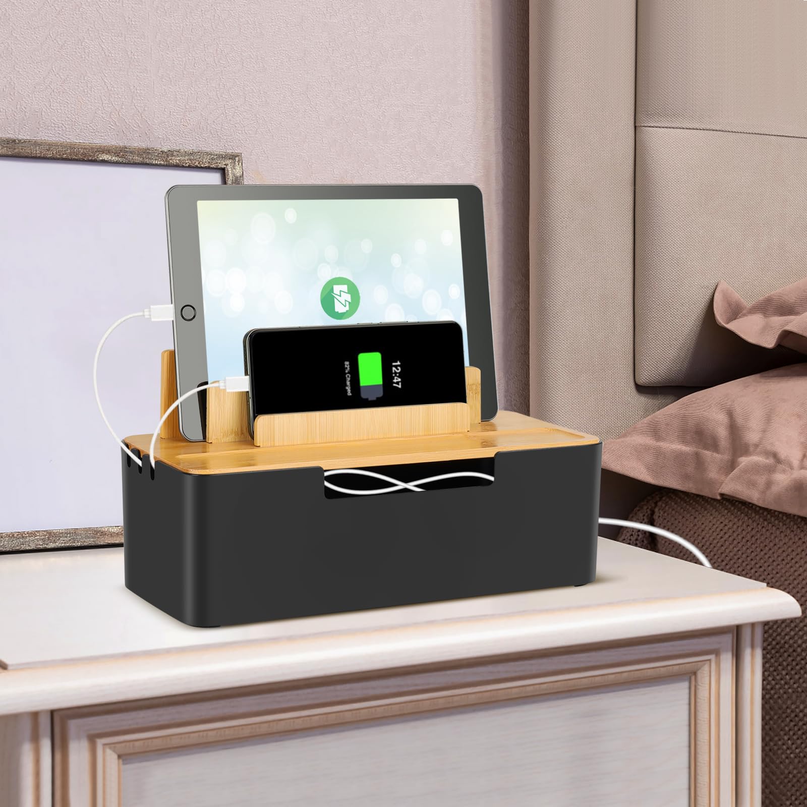CRROEL Cable Tidy Box,Cable Management Box with Dual-Purpose Lid for Phones/Tablets/Smartwatches/Book - Image 3