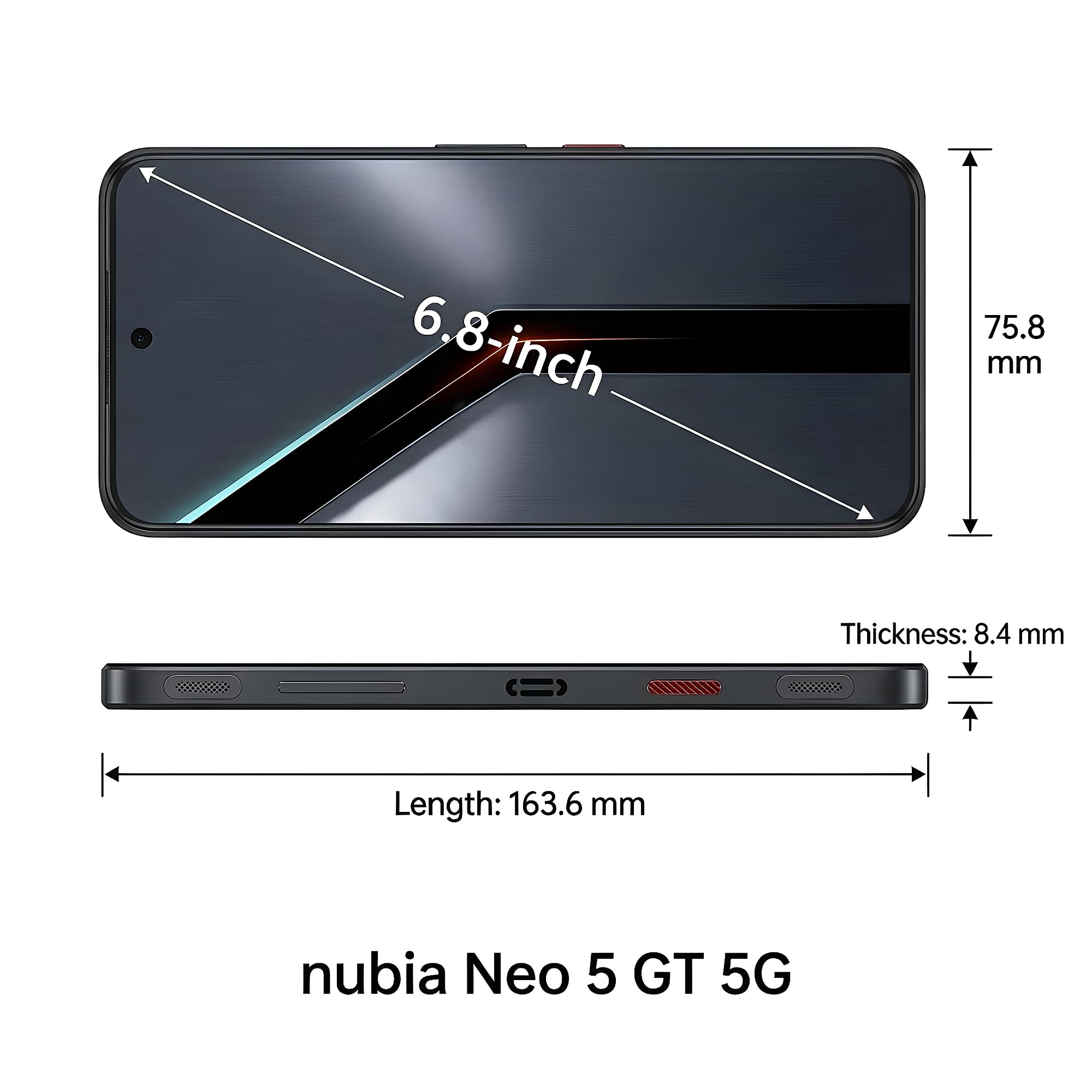 nubia Neo 5 GT Smartphone 5G 6,8’’ AMOLED 120Hz, MediaTek Dimensity 7400, RAM 12GB, 256GB, Batteria 6210mAh, Fotocamera 50MP, Cooling fan, Android 16, Cover con design gaming, Black