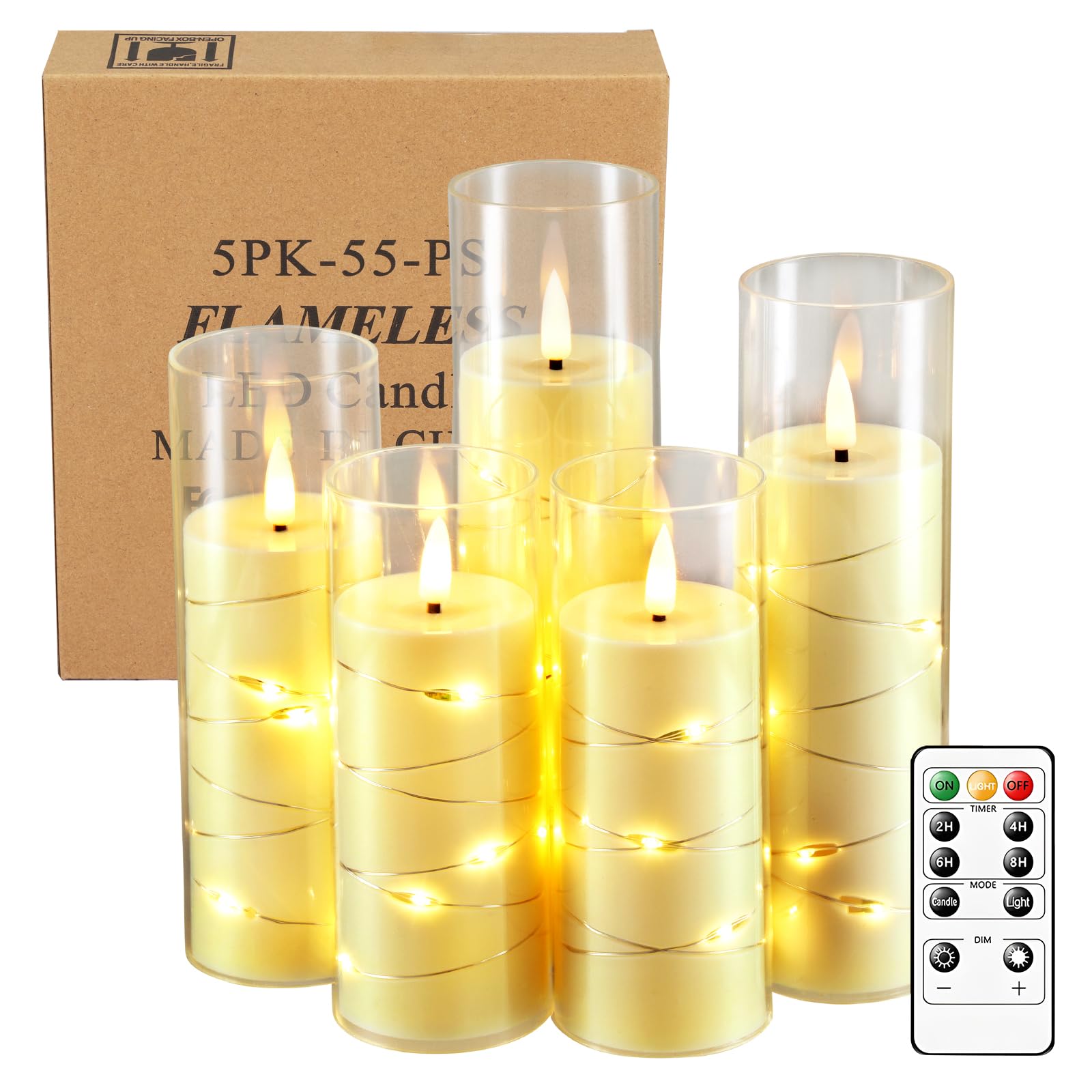 Velas Led Recargable, 5 Velas Led Efecto Llama con Cadena Ligera, Velas Artificiales para Decoraciones de Baño, Sala de Estar de Decoración Navideña de Mesa, 14 16 18 20 cm (Transparente)