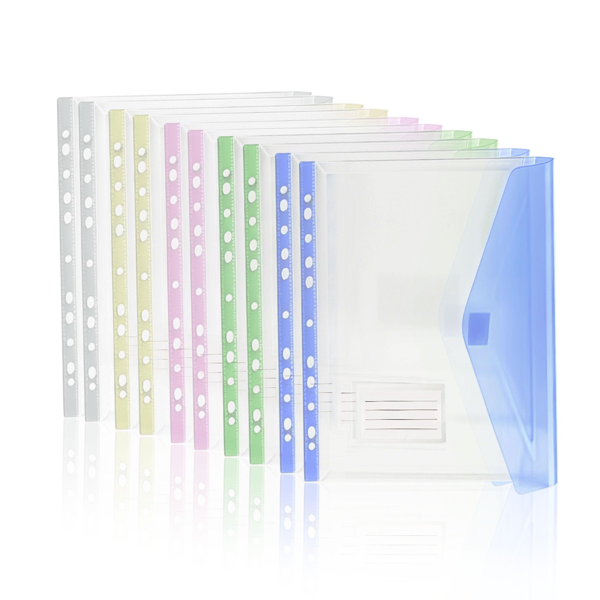 Plastic Wallets A4, 10 Pack Pastel Punched Pockets with Hook and Loop Closure, Expandable A4 Plastic Wallets with Gusset for Documents, School Office Organizer