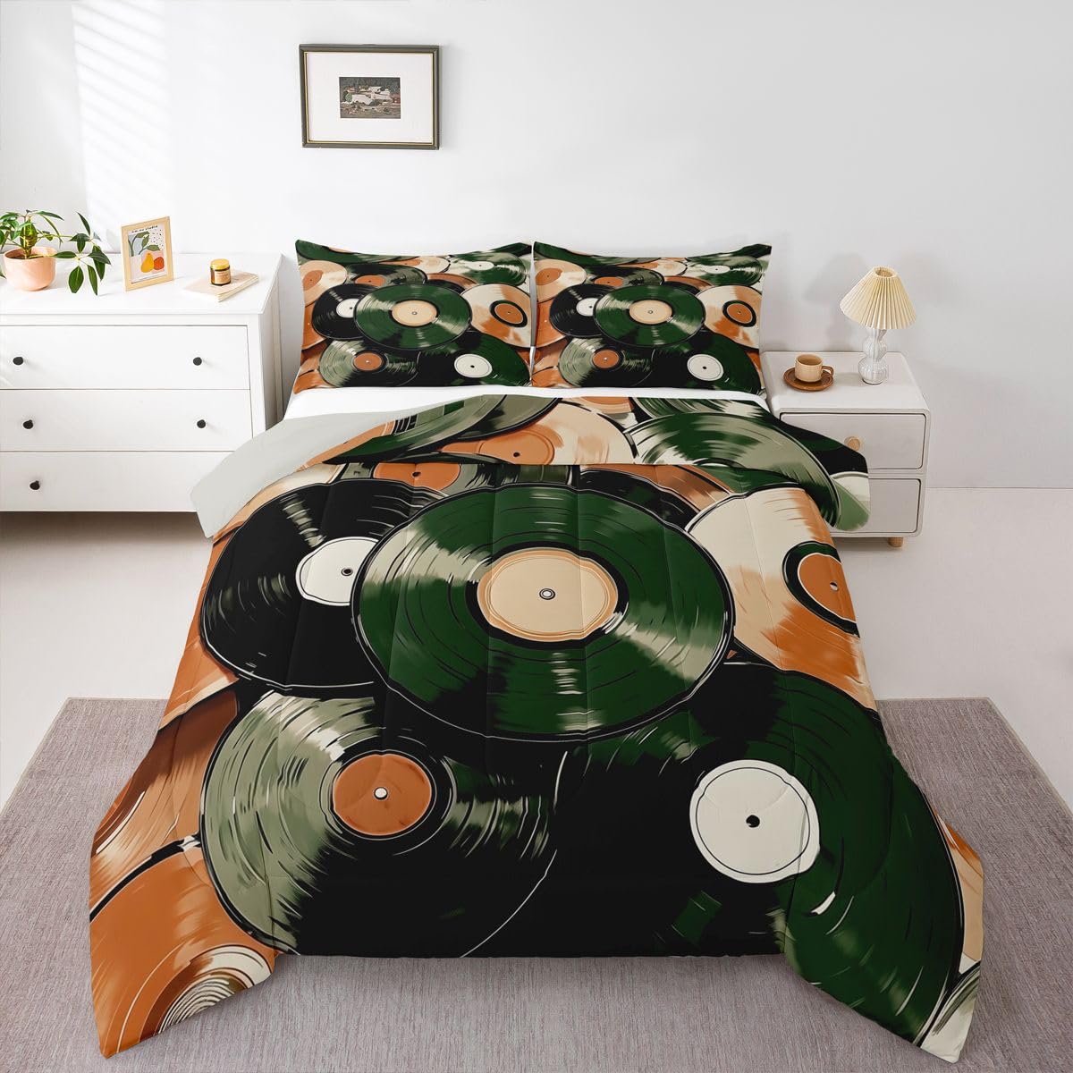 Homewish Set di biancheria da letto king size, motivo: dischi in vinile vintage, set copripiumino semplice e alla moda, per amanti della musica